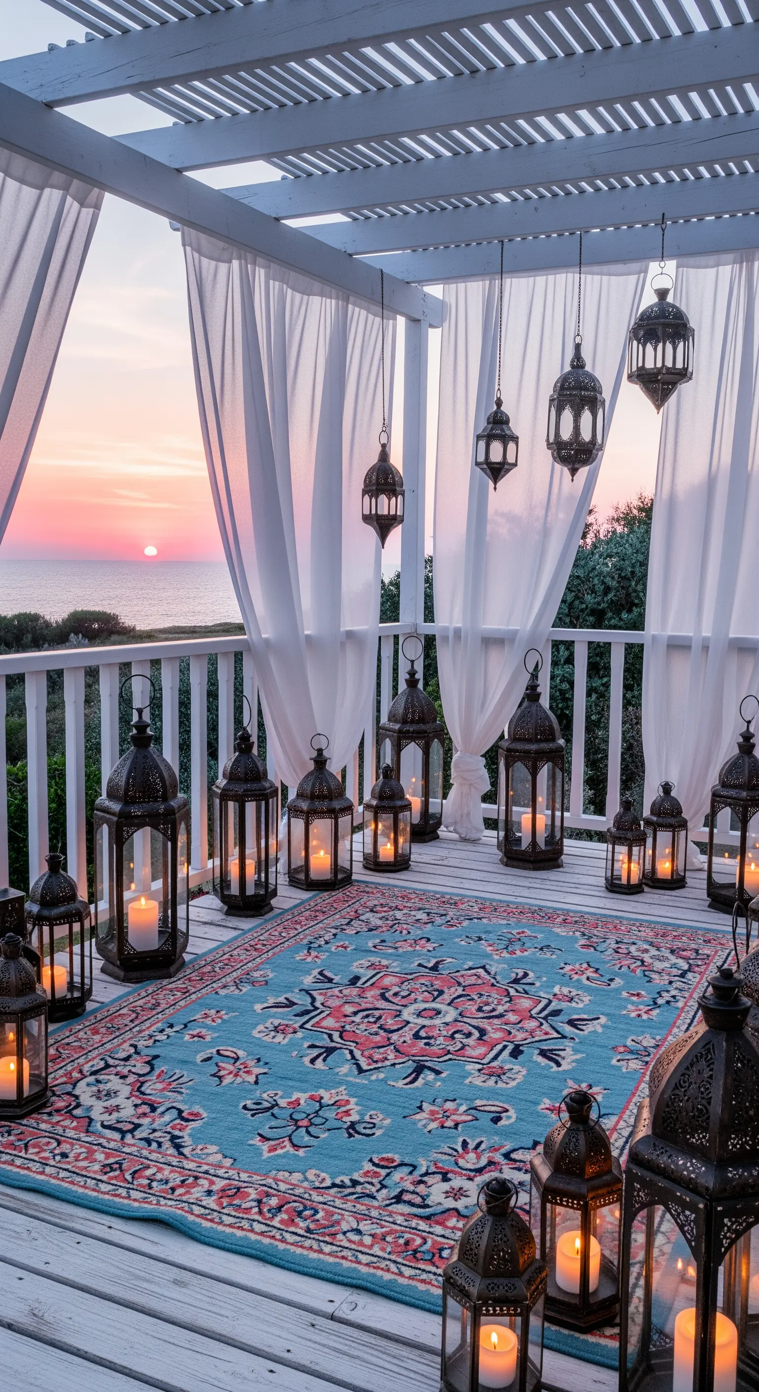 Terrazza bianca con pergola, tappeto turchese e decine di lanterne marocchine accese al tramonto.
