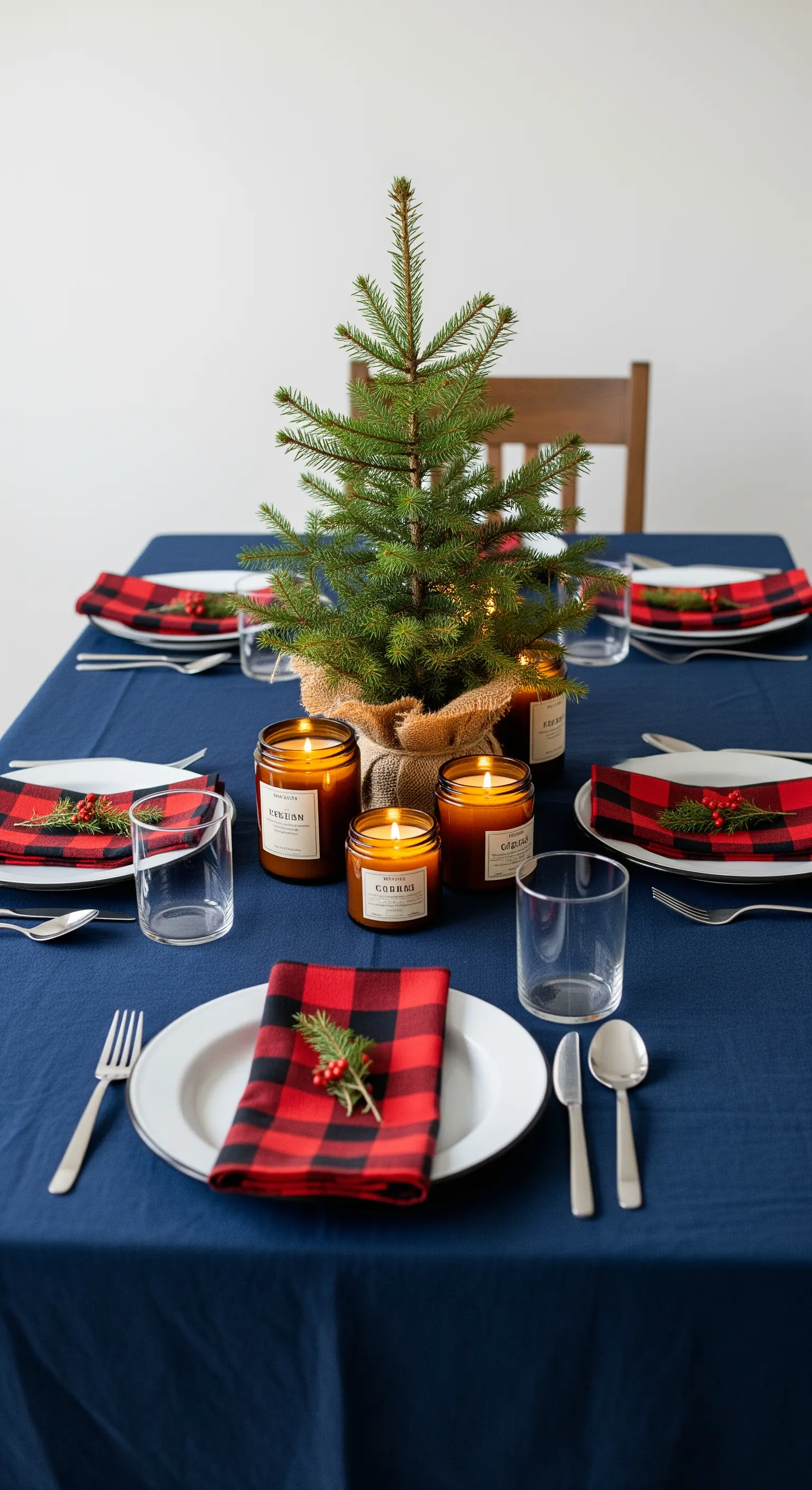 Tavola blu con un piccolo abete in vaso come centrotavola e tovaglioli a quadri rossi.