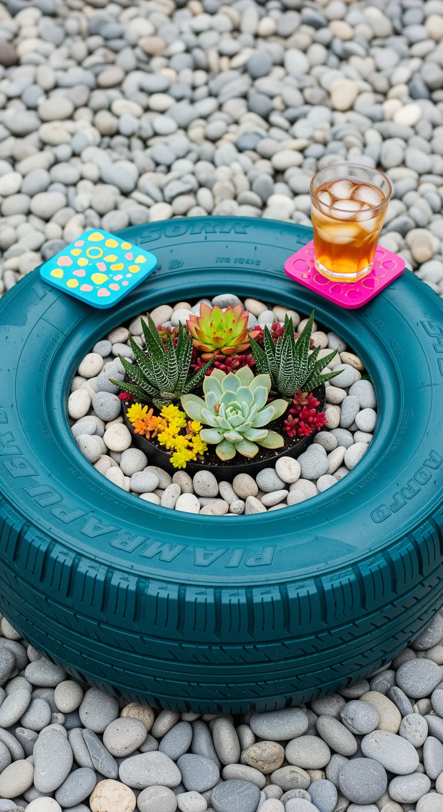 Pneumatico colorato trasformato in una fioriera centrale per una composizione di piante grasse.