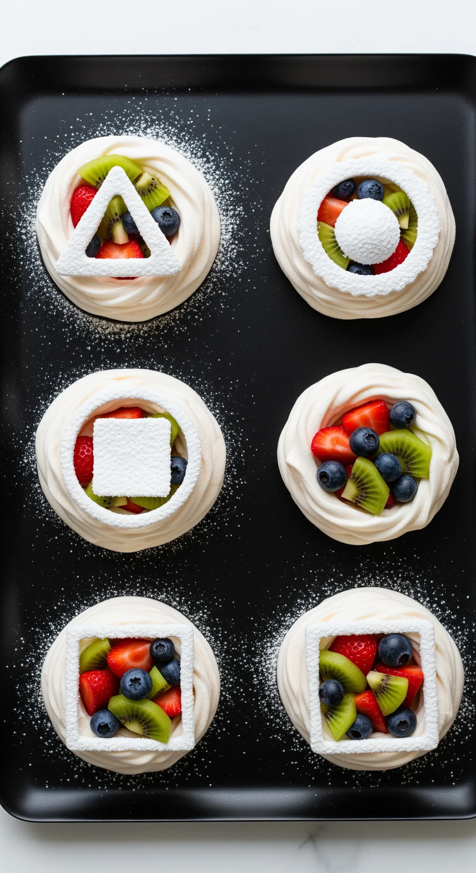 Mini pavlove con frutta fresca decorate con i simboli del controller PlayStation in zucchero a velo.