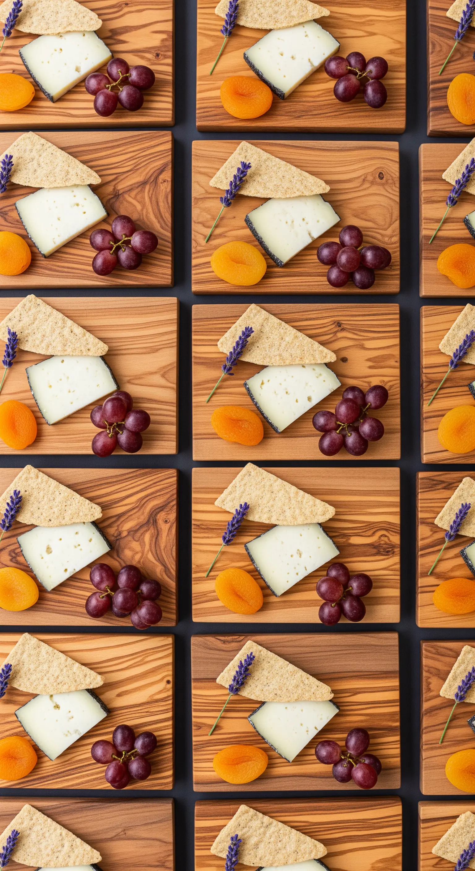 Griglia di mini-taglieri quadrati con porzioni individuali di formaggio e frutta.