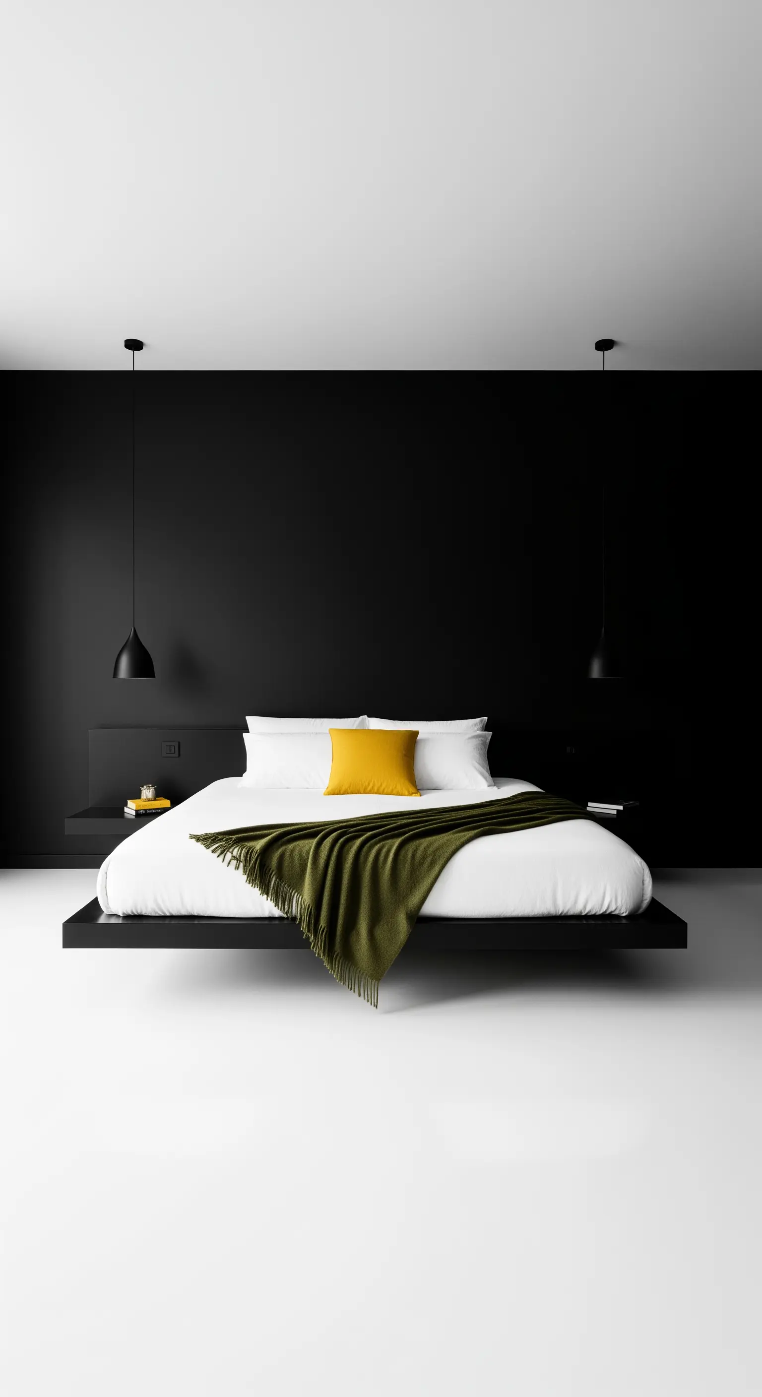 Camera da letto minimalista con parete nera, letto bianco basso, cuscino senape e plaid verde.