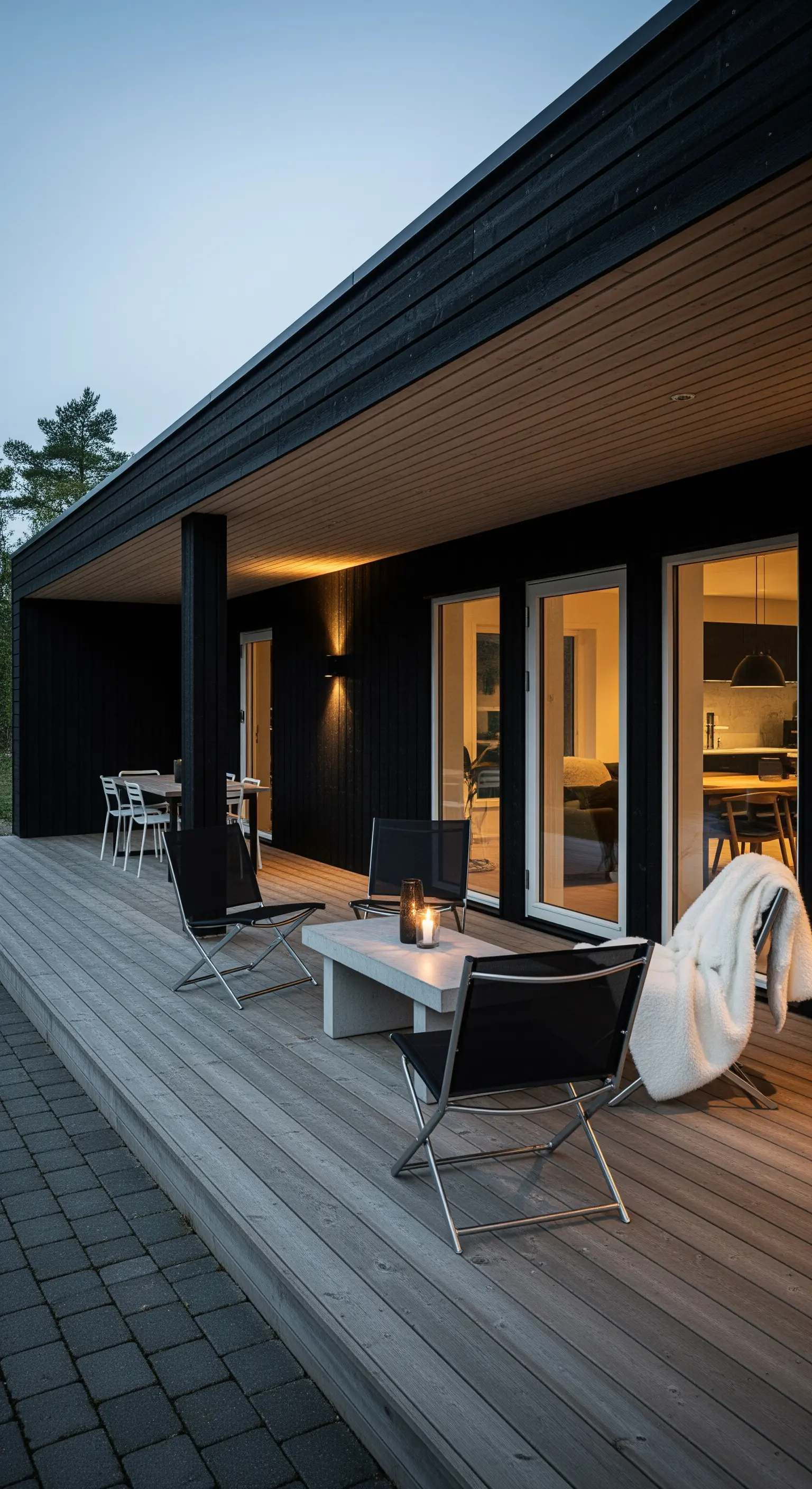 Portico moderno di una casa nera con sedie pieghevoli e illuminazione architettonica.