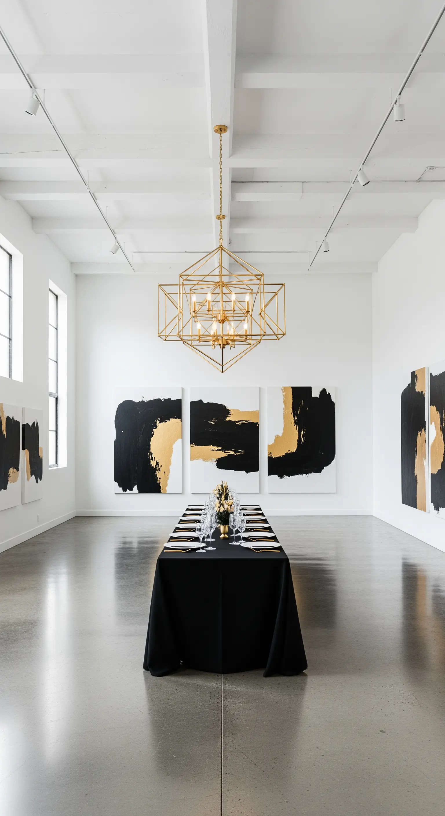 Sala di una galleria d'arte con un lungo tavolo nero e un lampadario dorato.