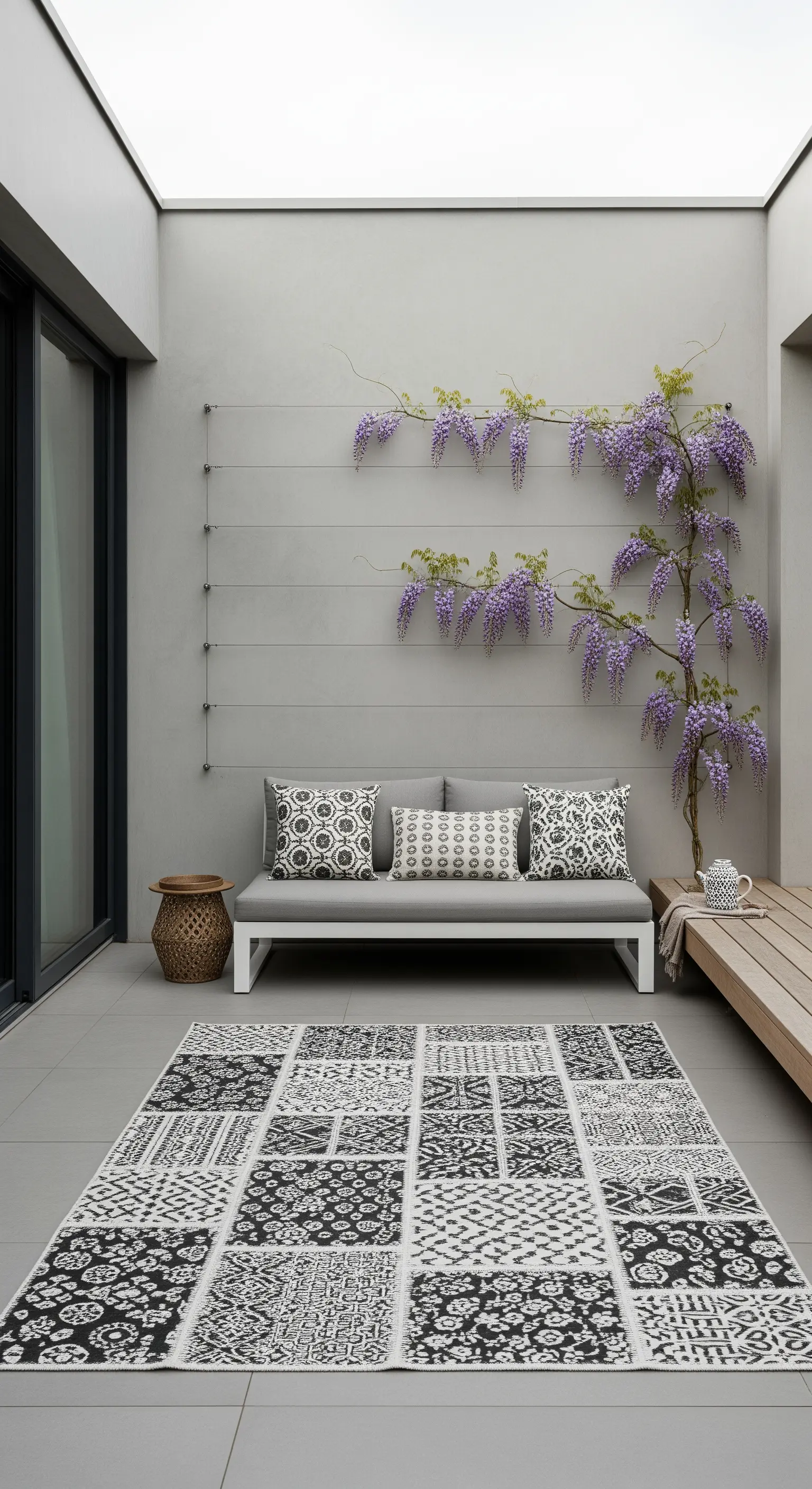 Patio minimalista con divano grigio, tappeto patchwork bianco e nero e un glicine rampicante.