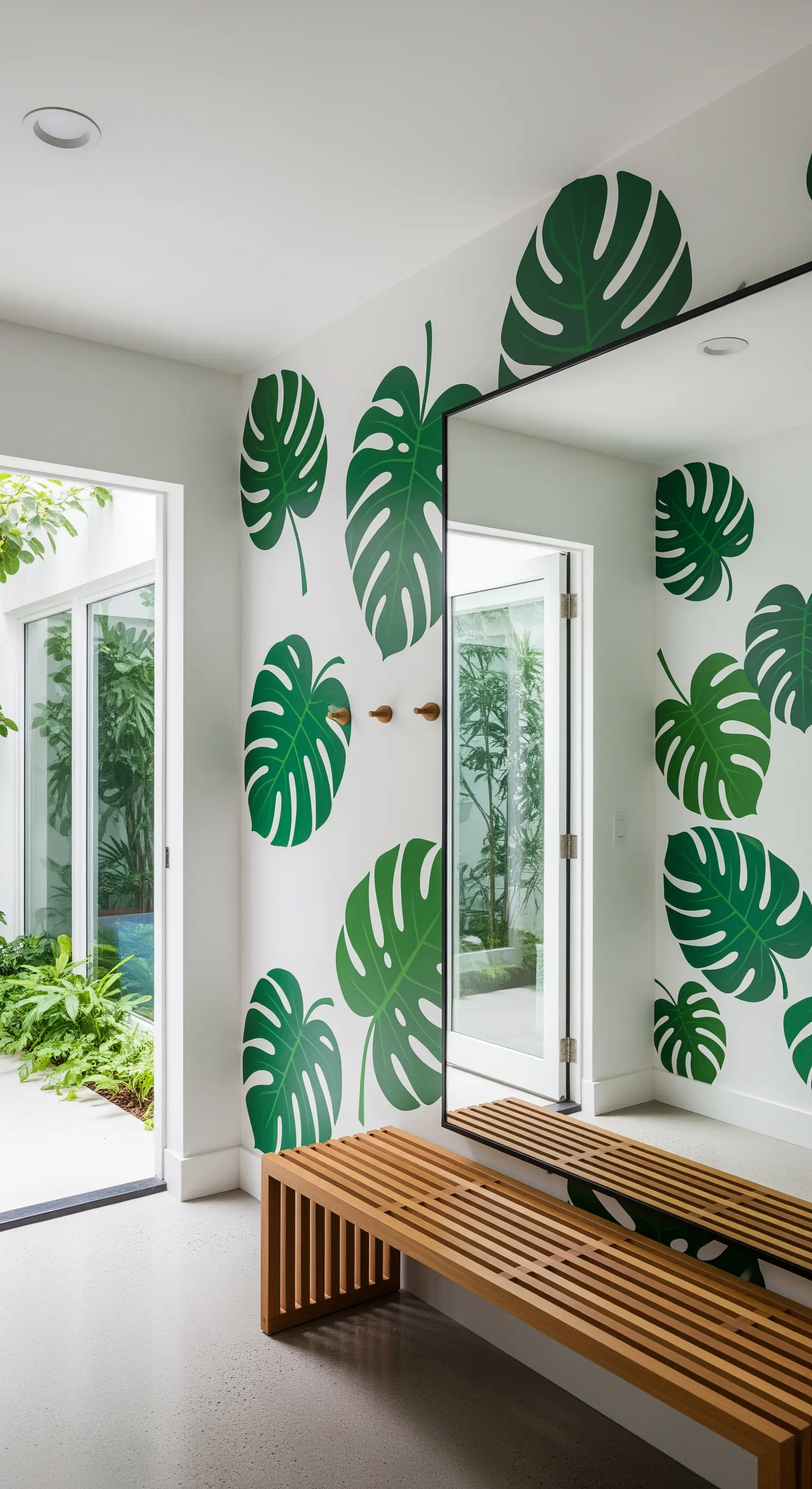 Ingresso bianco con murale di foglie di Monstera, panca in legno e specchio a figura intera.
