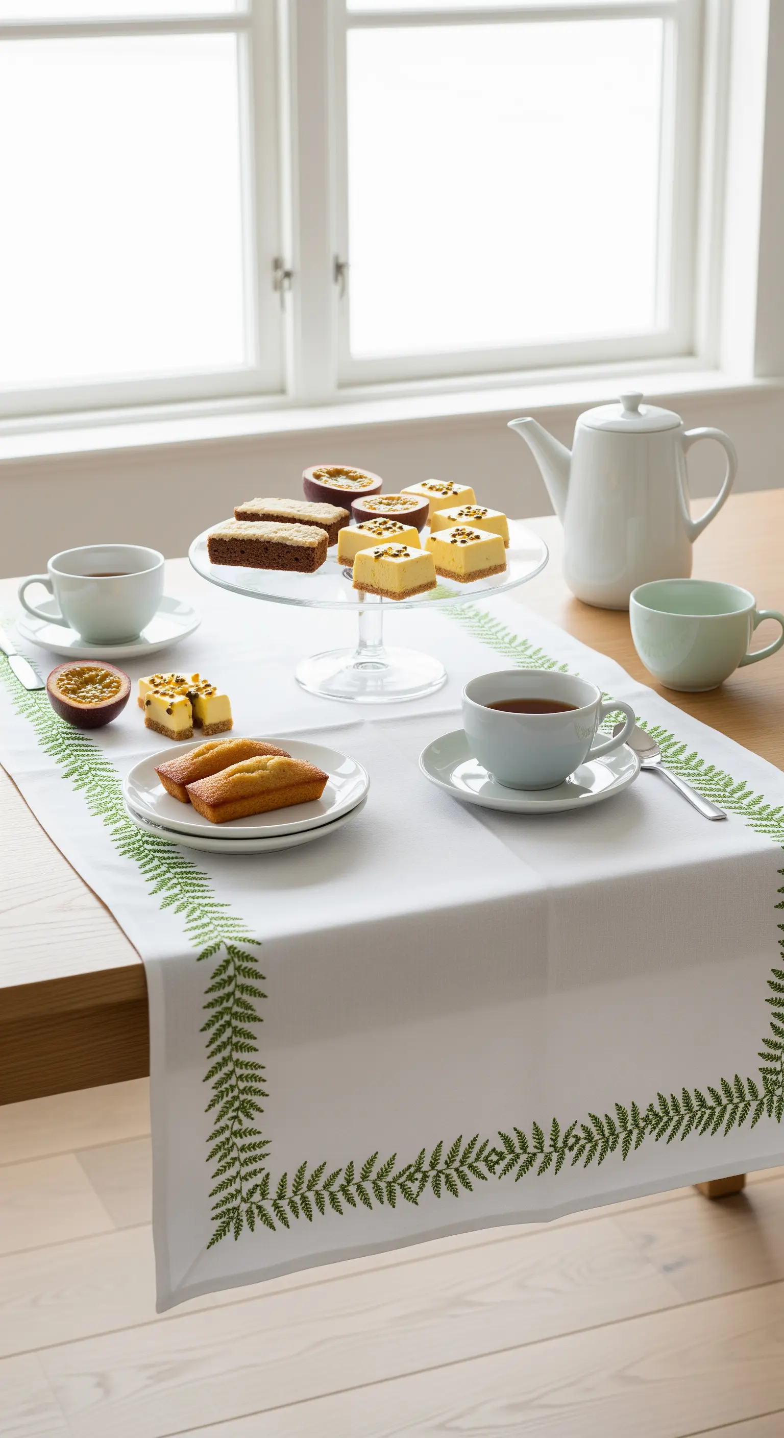 Tavola da tè minimalista con runner bianco ricamato con felci e dolci al passion fruit