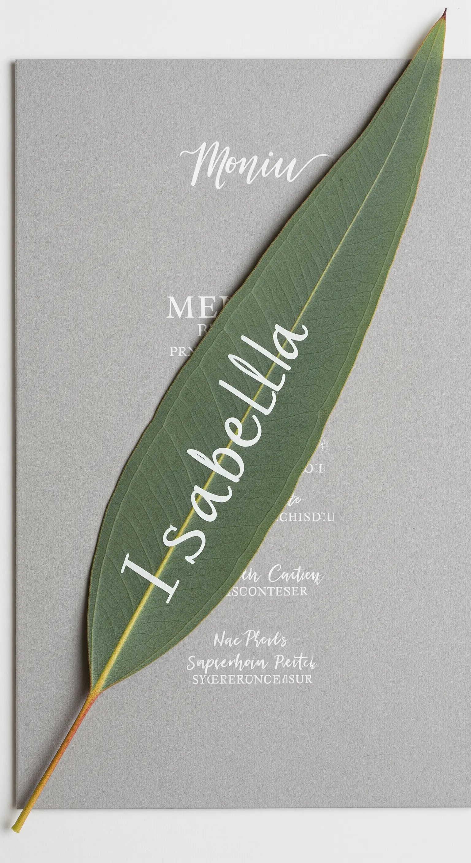 Singola foglia di eucalipto con nome scritto in bianco lungo la sua lunghezza.