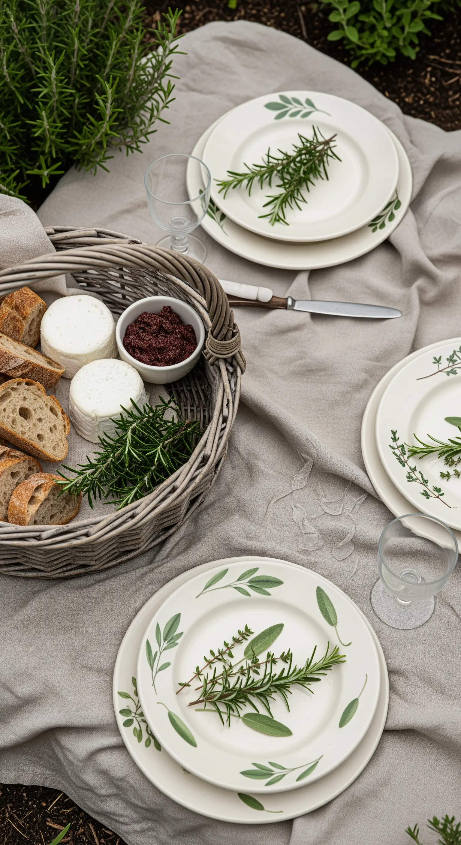 Picnic minimalista in giardino con tovaglia in lino e rametti di rosmarino sui piatti.