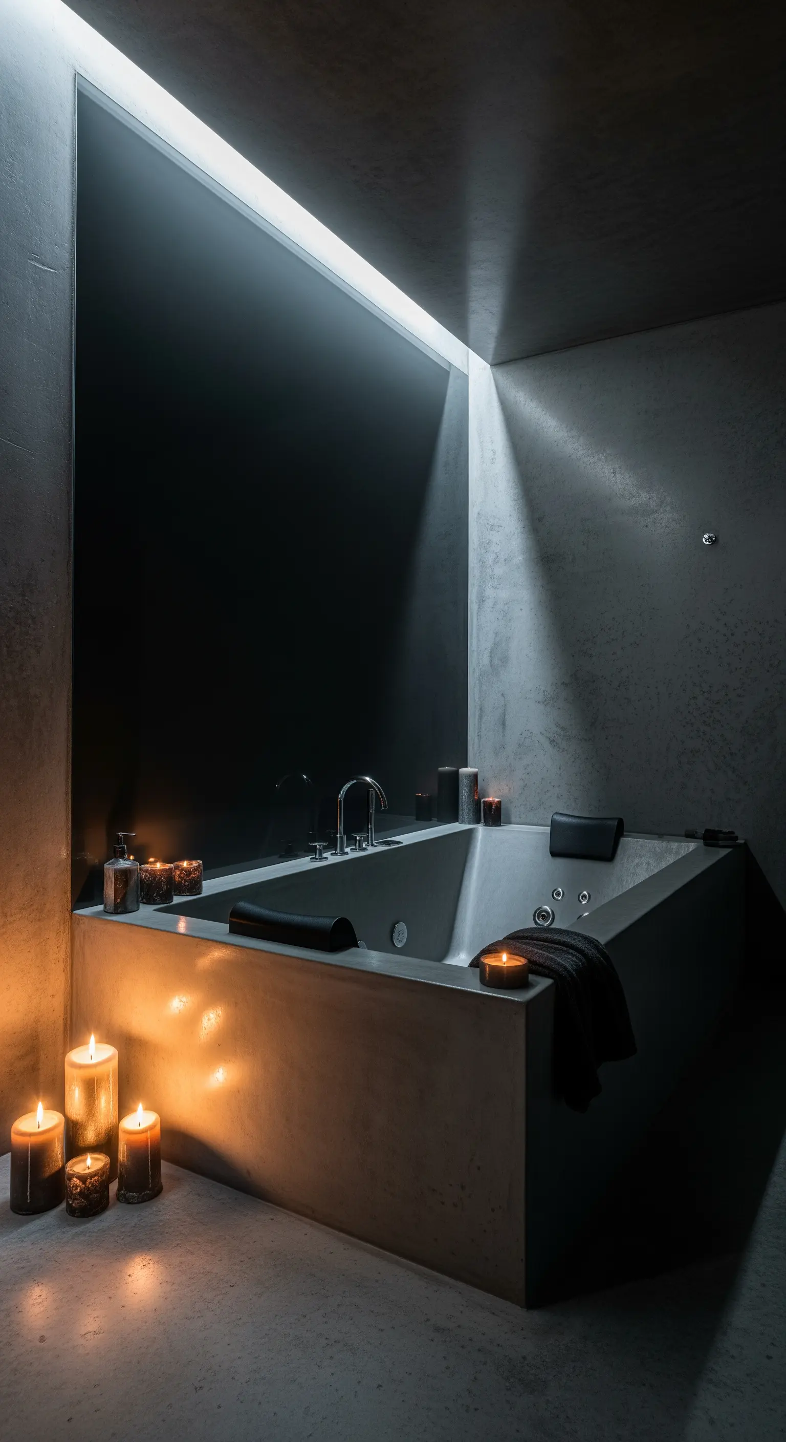 Vasca idromassaggio in cemento in un bagno brutalista con illuminazione architettonica.