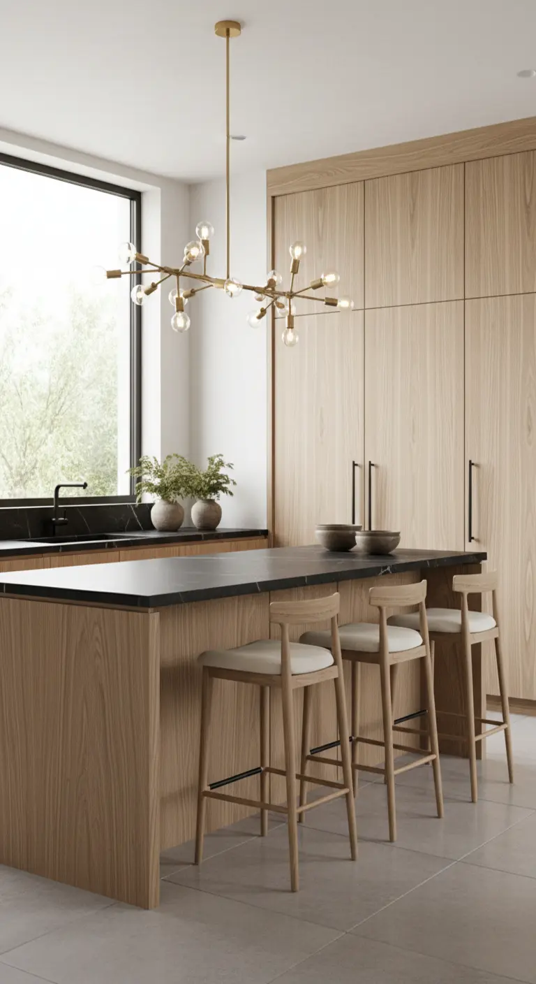 Cucina minimalista in legno chiaro con armadi a tutta altezza e isola con piano nero opaco.