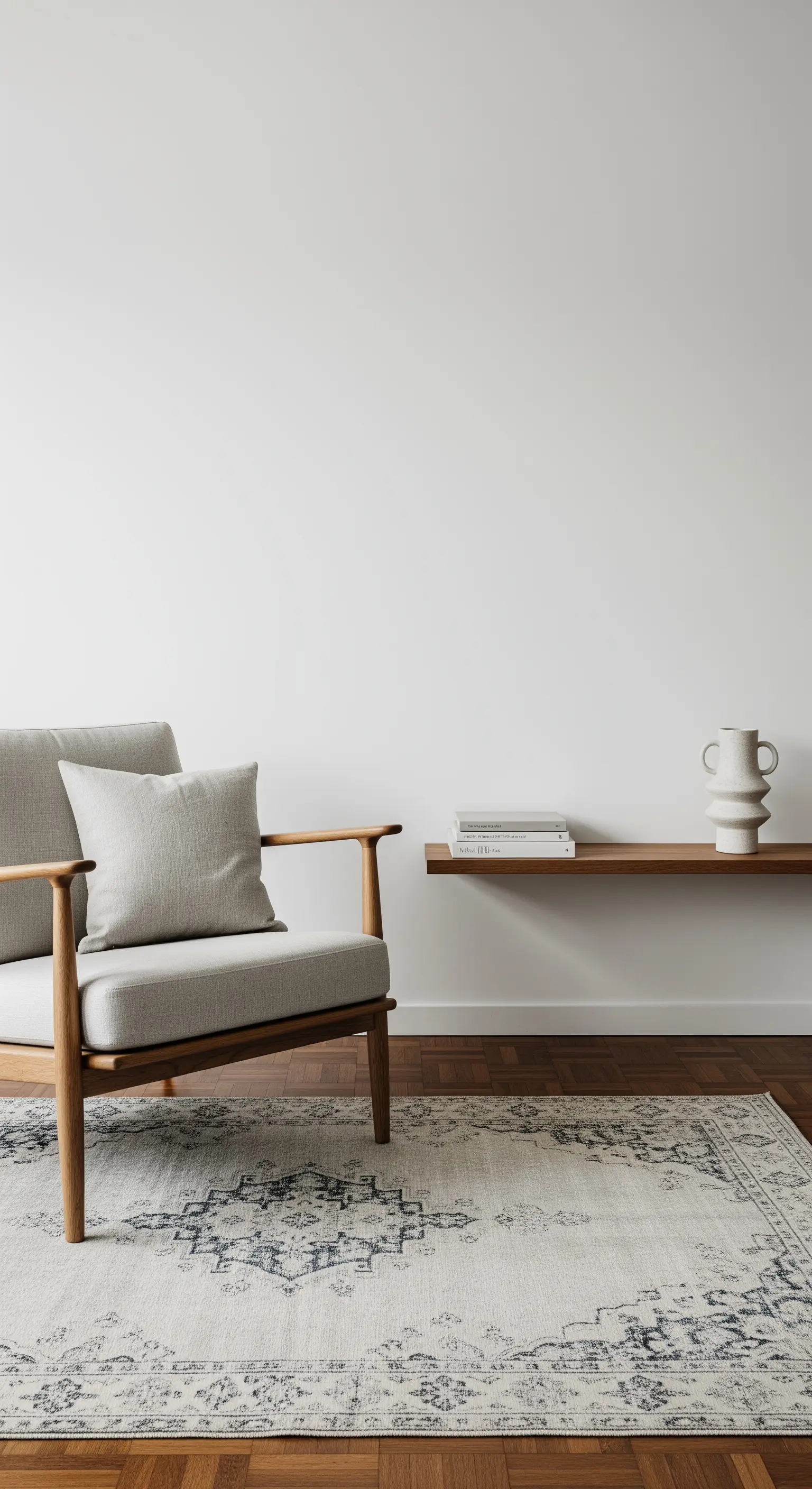 Poltrona di design scandinavo su un tappeto chiaro con pattern, accanto a una mensola a muro.