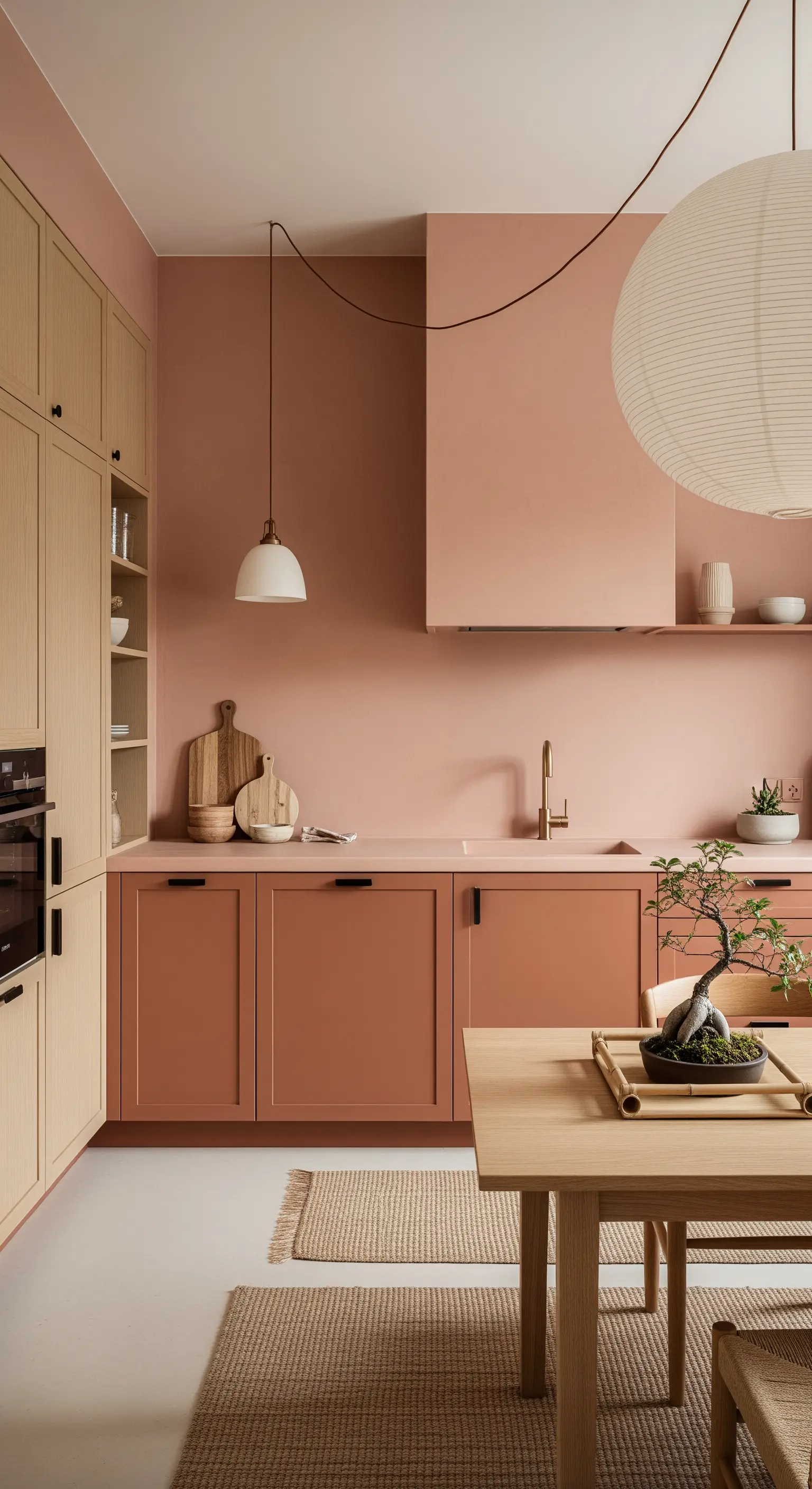 Cucina minimalista con mobili in legno chiaro e terracotta e lampada in carta di riso.
