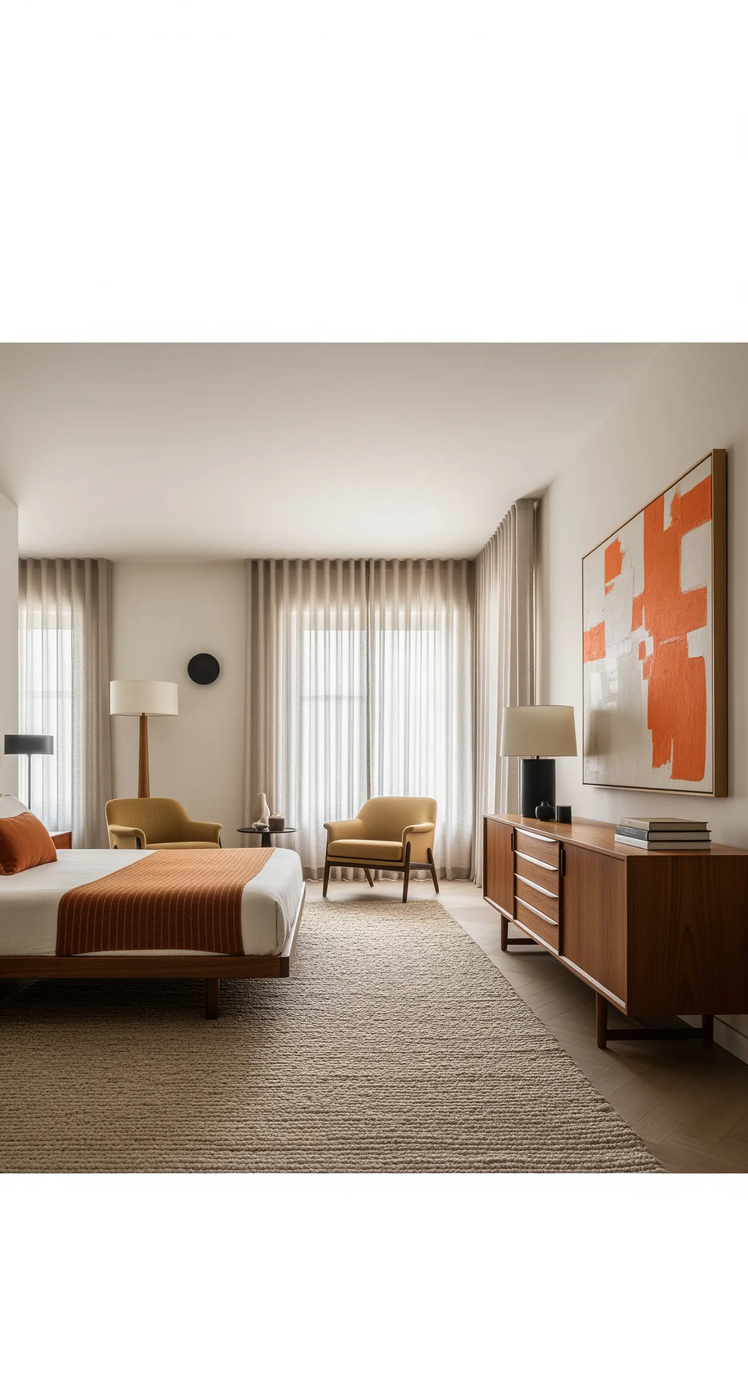 Camera minimalista con mobili in teak, grande tappeto in iuta e un quadro astratto arancione.