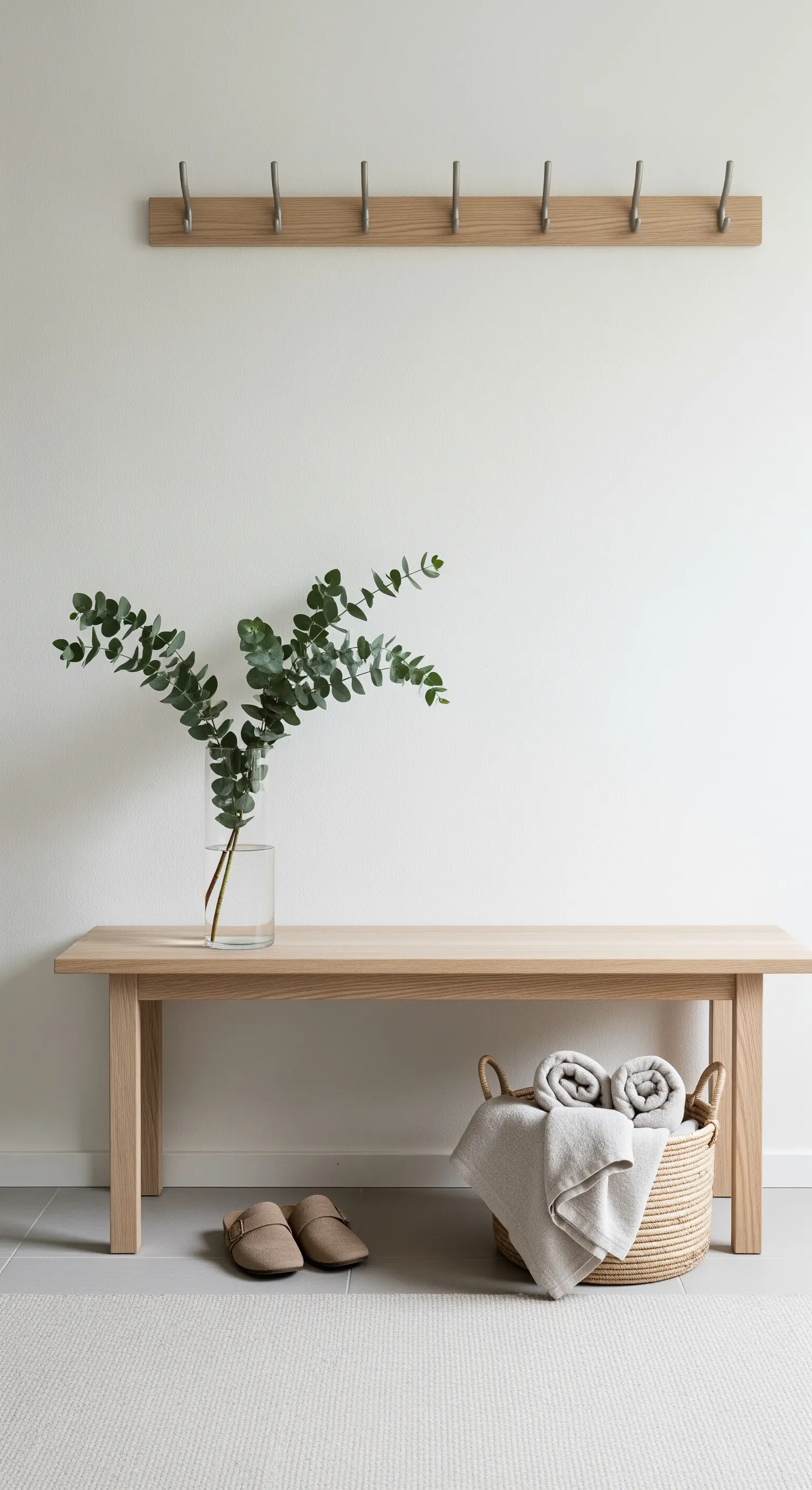 Ingresso minimalista con panca in legno, rami di eucalipto in un vaso e cesto in vimini.
