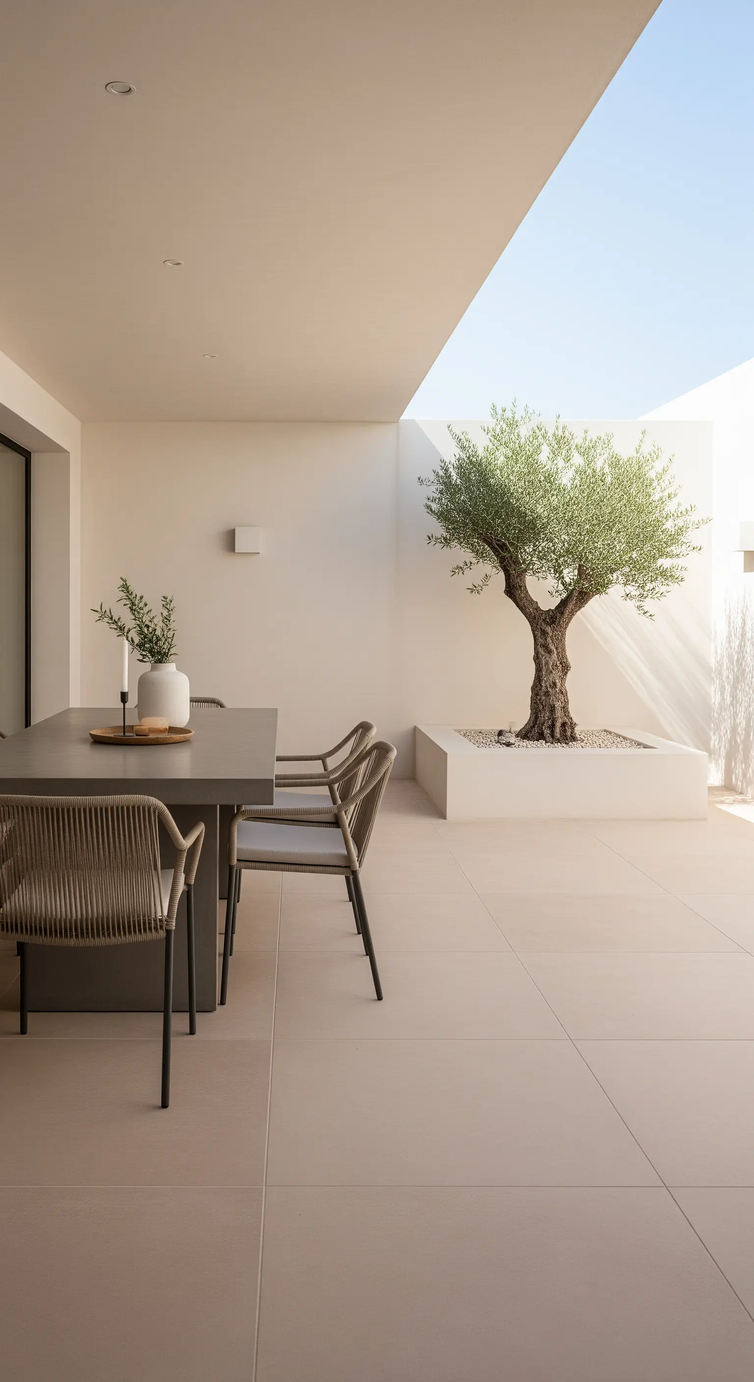 Patio minimalista con tavolo da pranzo grigio e un ulivo come punto focale.