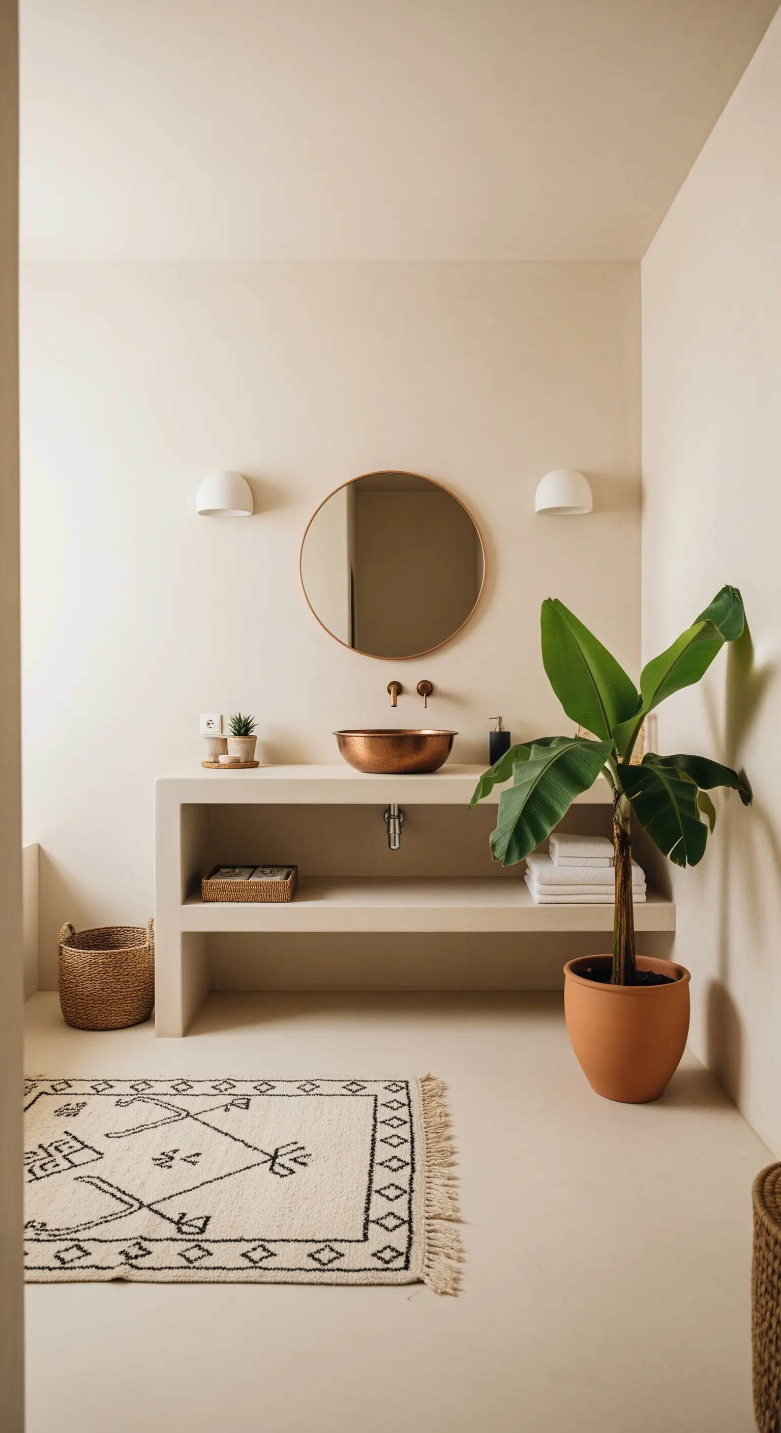 Bagno minimalista color sabbia con lavabo in rame, pianta di banano e tappeto berbero.