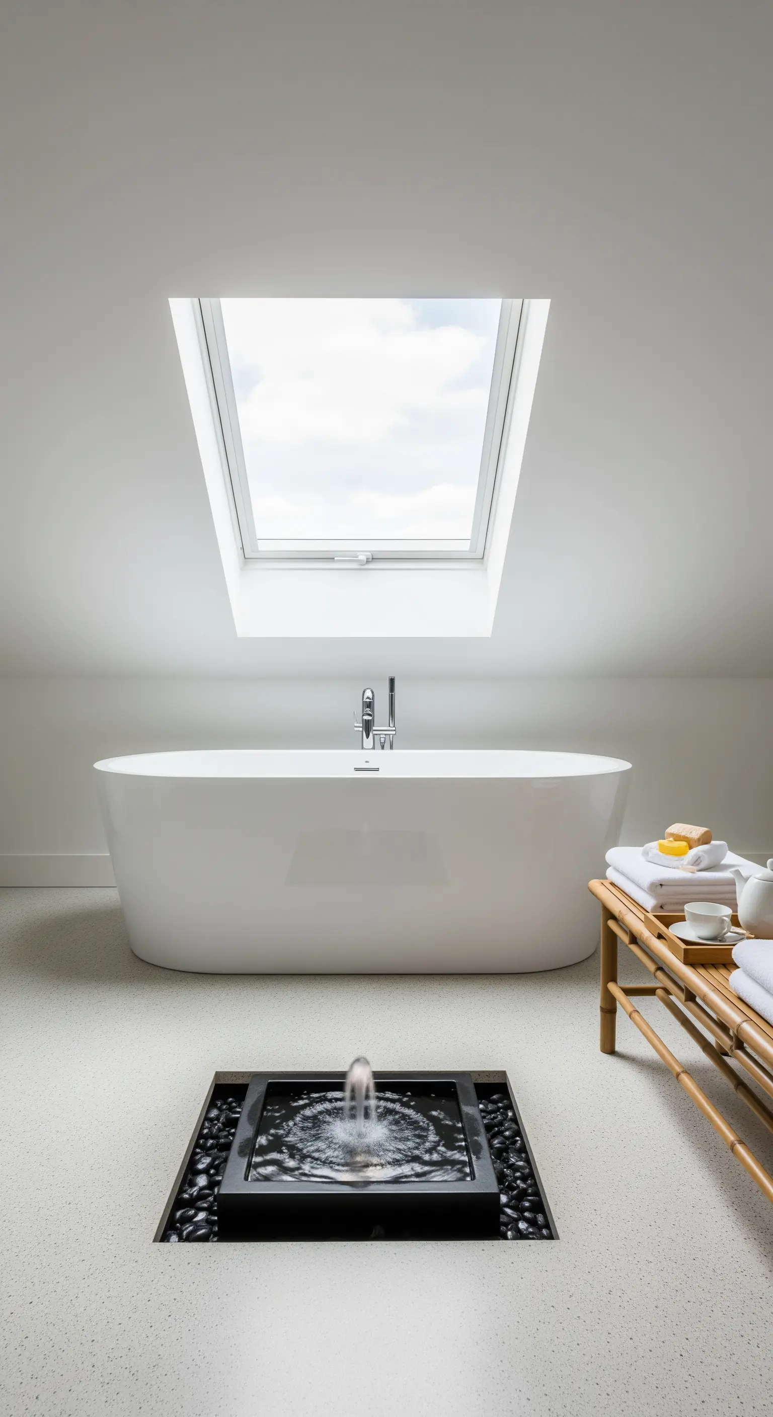 Bagno bianco minimalista in mansarda con vasca sotto un lucernario e fontana a filo pavimento.