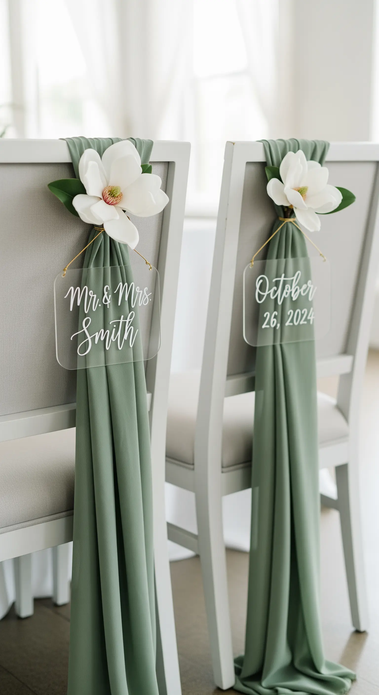 Sedie bianche con un drappo verde salvia verticale e targhette personalizzate in acrilico.
