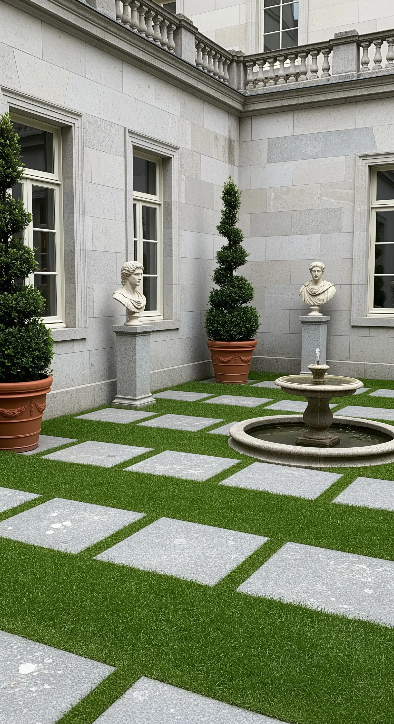Corte moderna con prato sintetico, lastre di pietra, due busti classici e una piccola fontana.