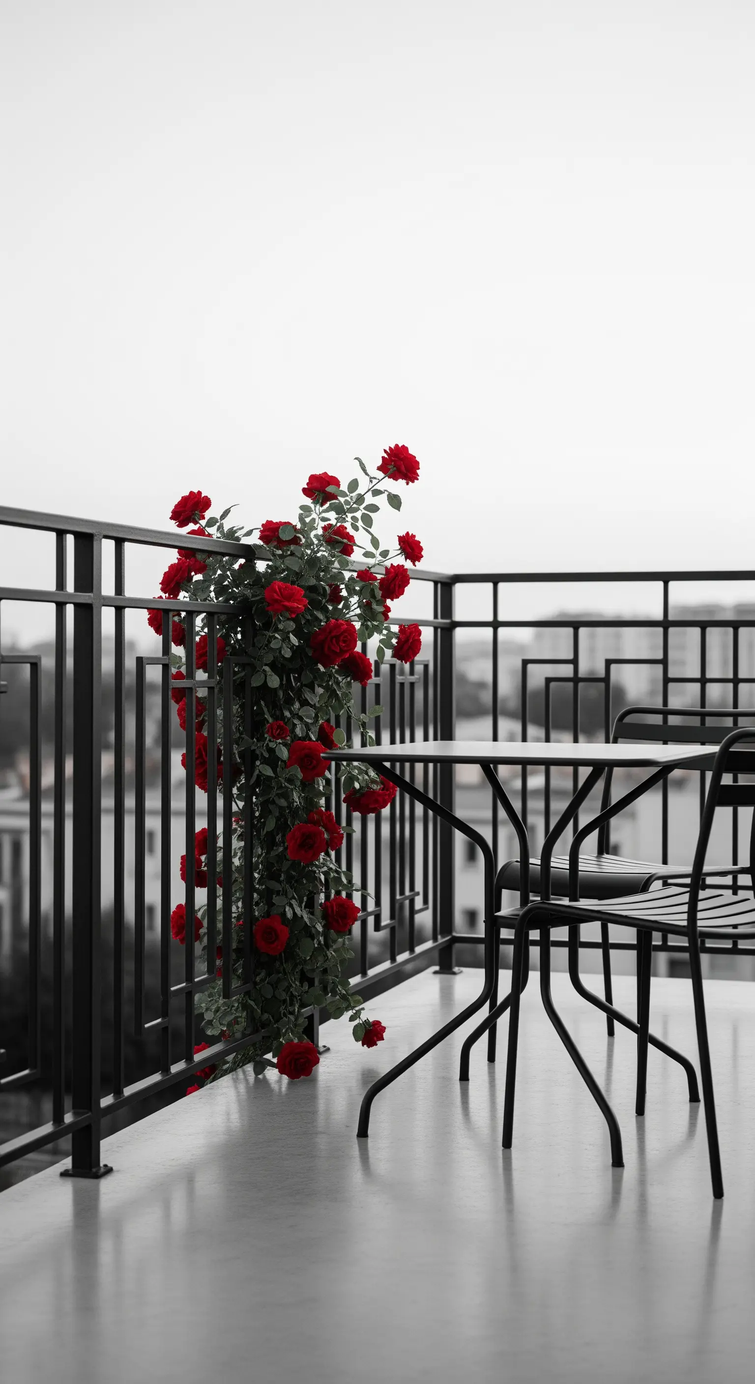 Balcone minimalista in bianco e nero con un unico cespuglio di rose rosse come accento di colore