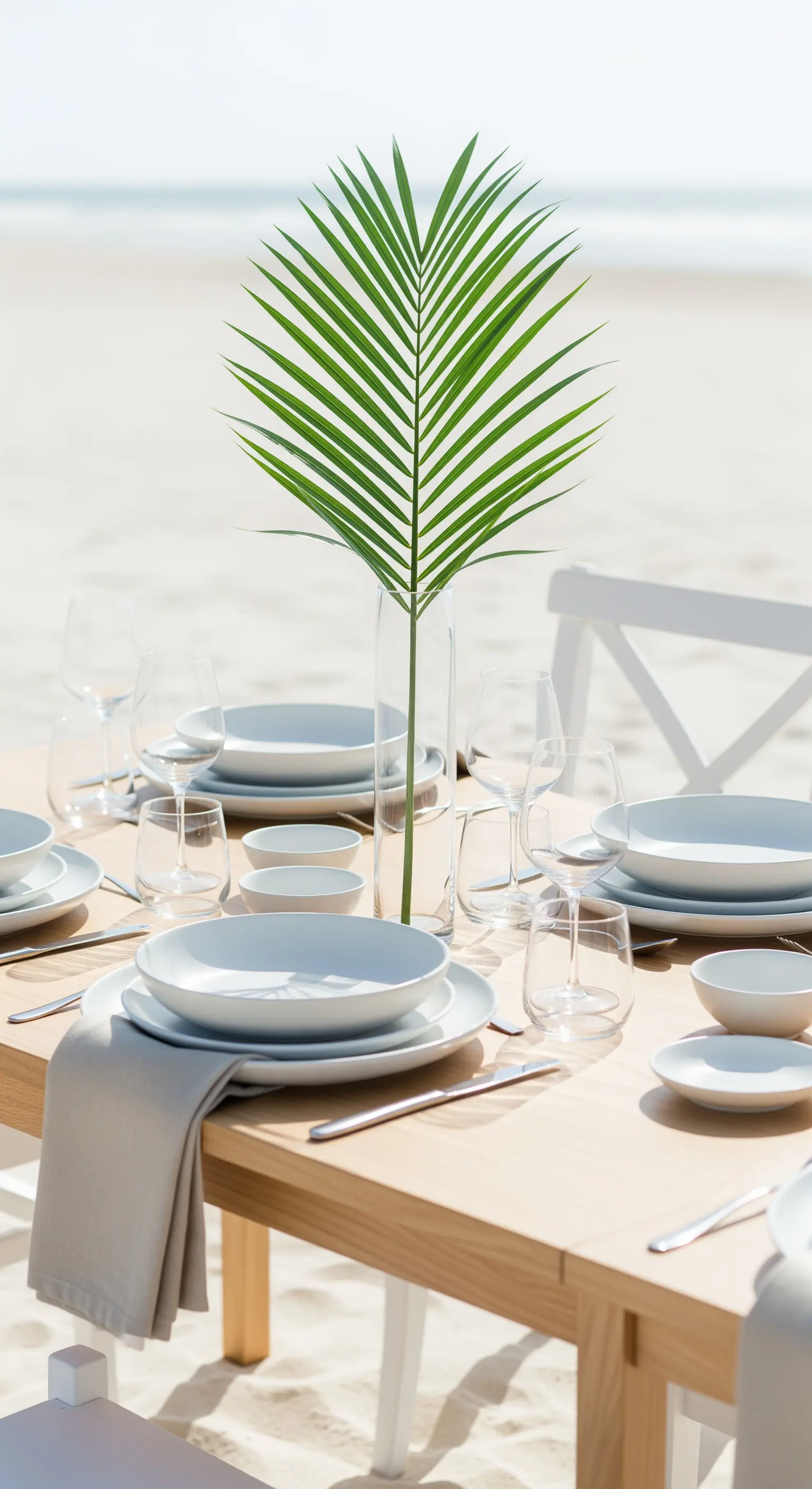 Tavola minimalista sulla spiaggia con stoviglie bianche e una foglia di palma come centrotavola