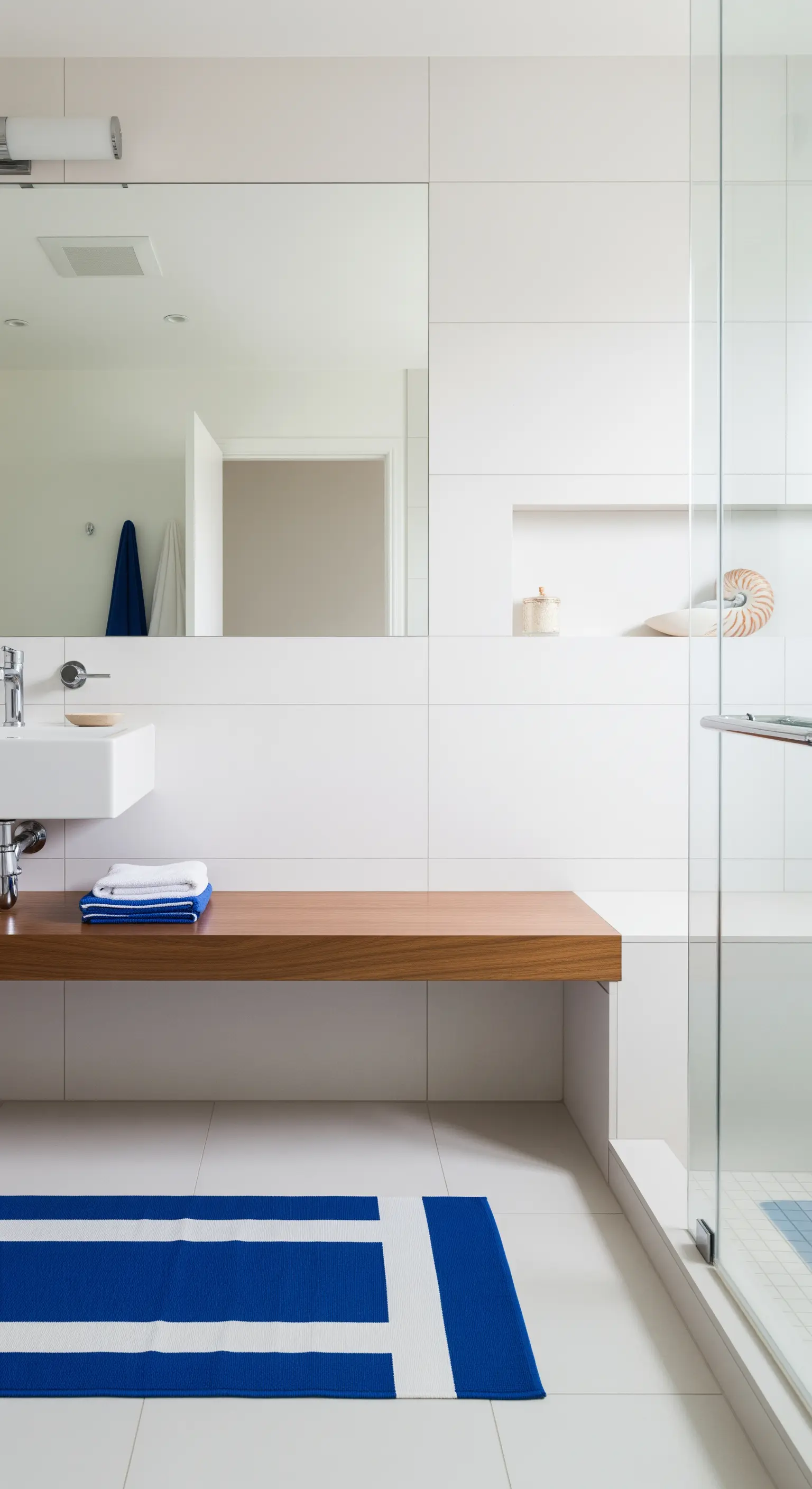 Bagno minimalista bianco con panca in legno e tappeto a righe blu e bianche.