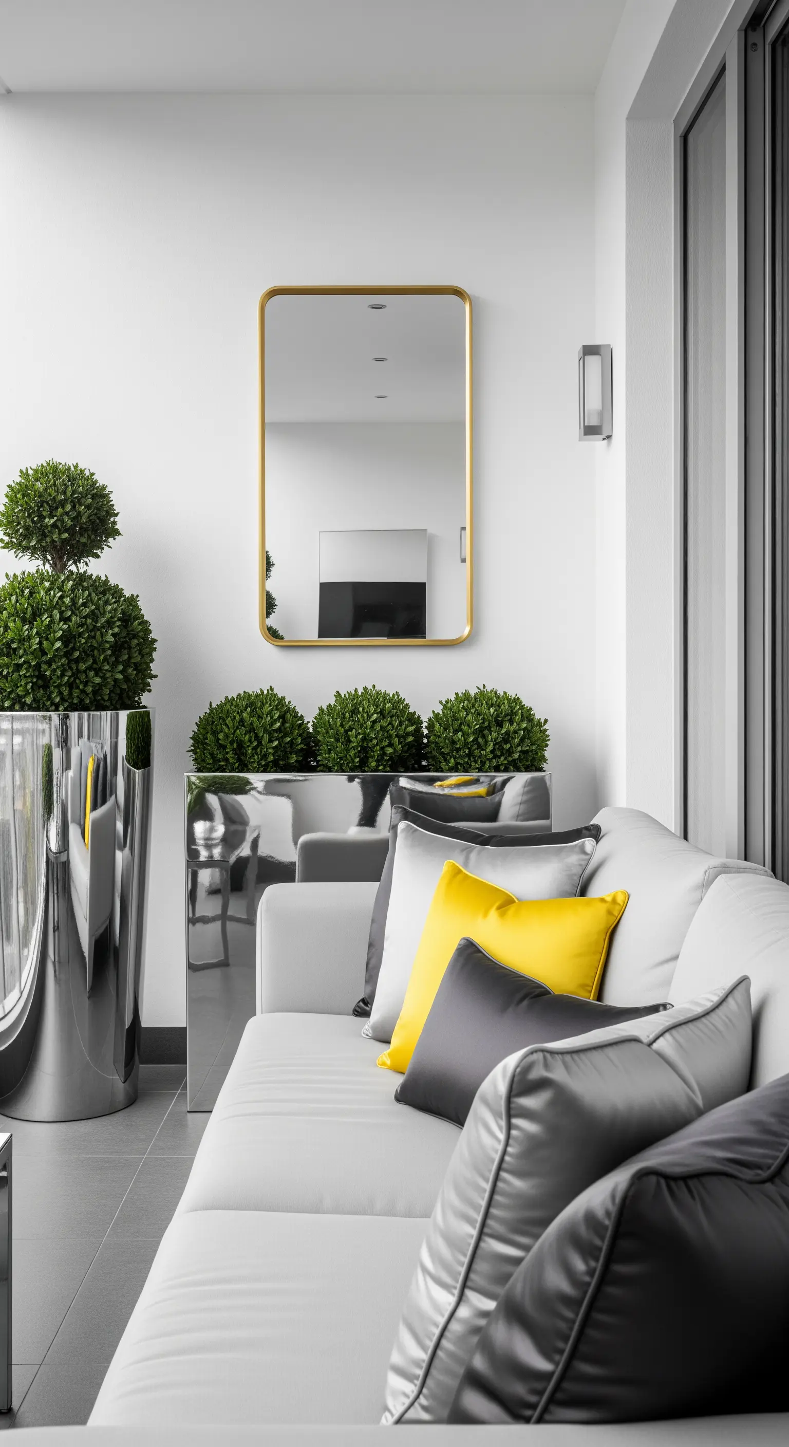 Balcone minimalista con divano grigio, vasi cromati, specchio e un cuscino giallo.