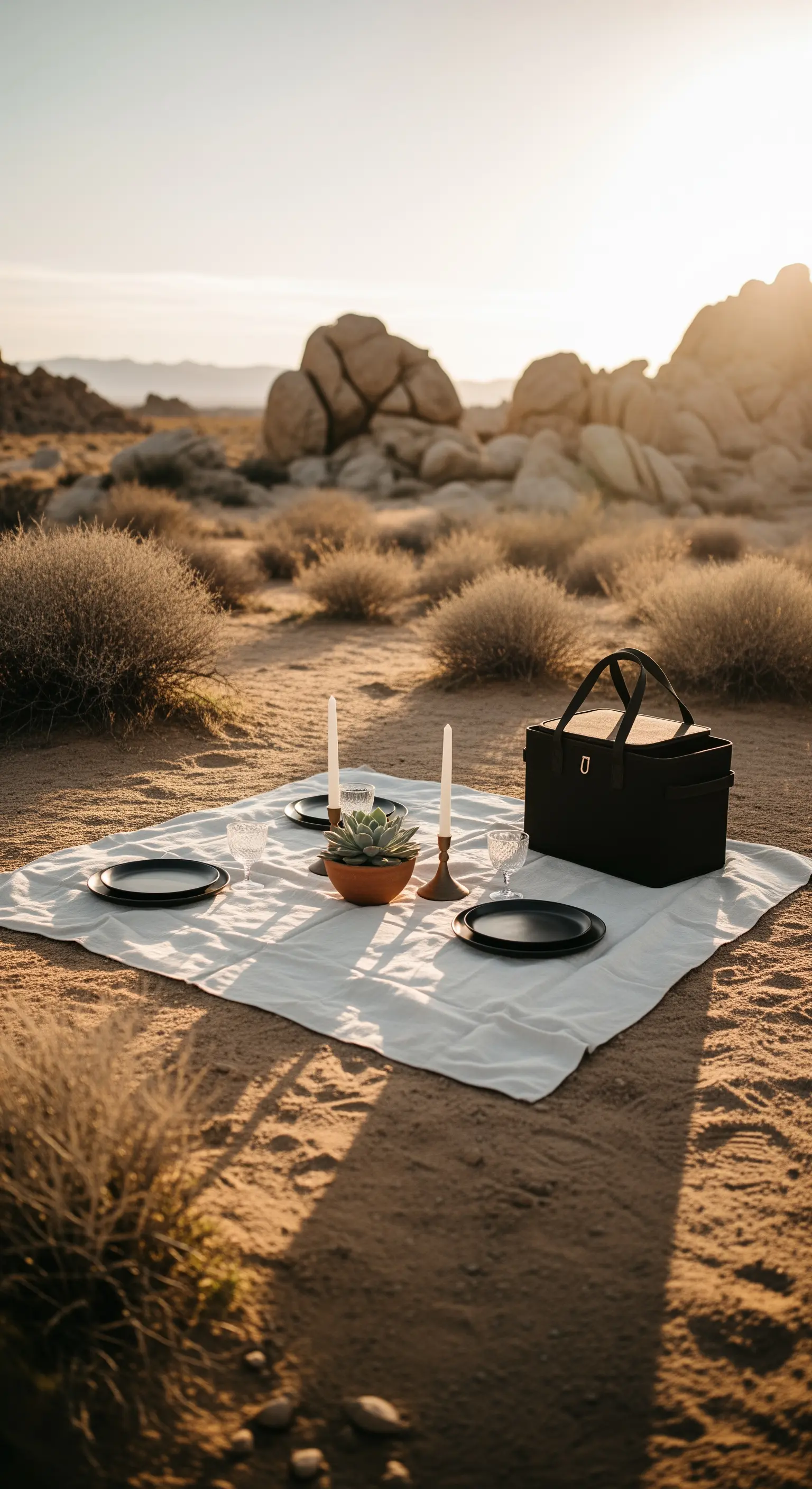Picnic minimalista nel deserto con telo bianco, piatti neri e una pianta grassa come centrotavola.