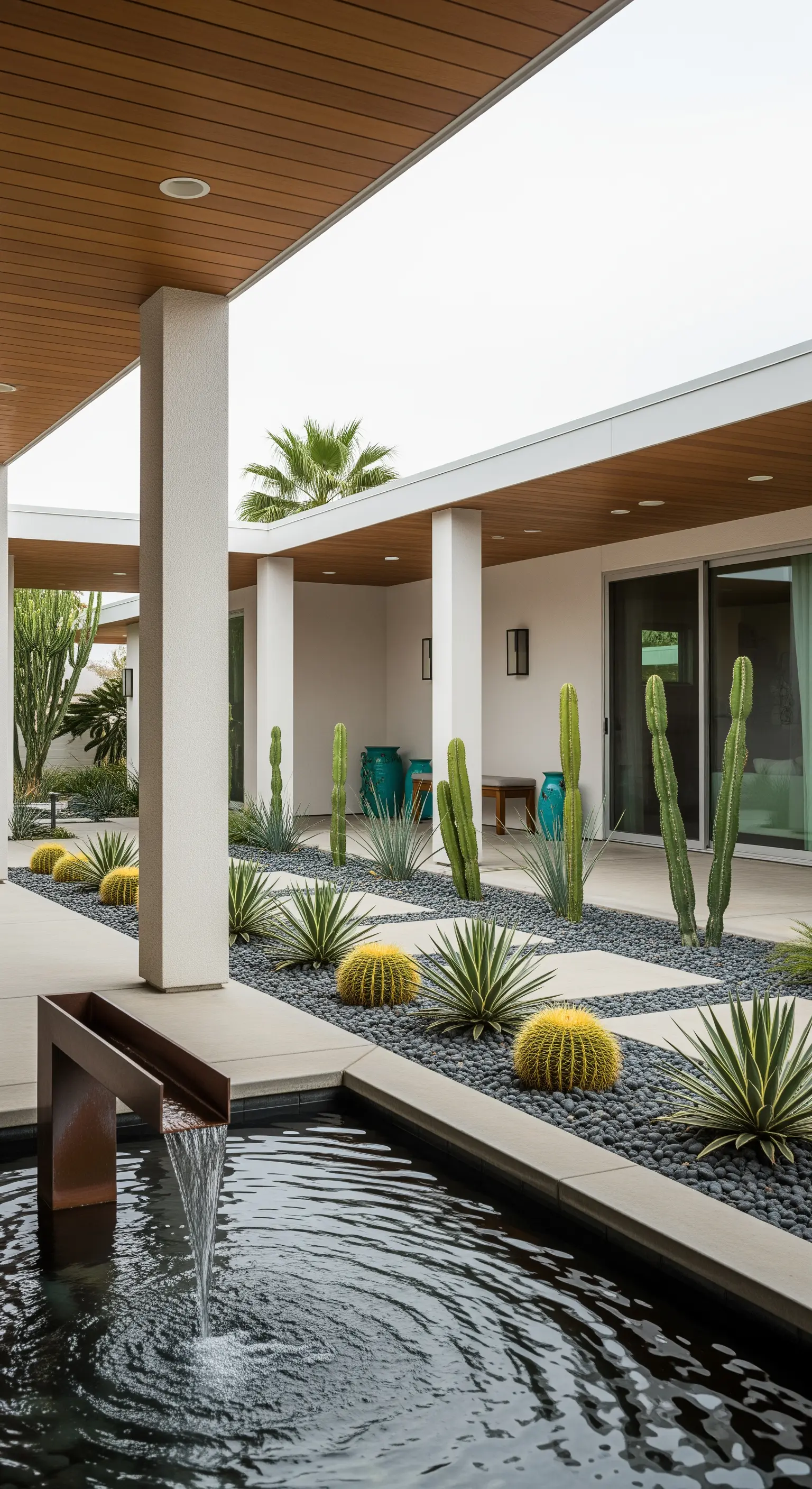 Patio in stile desert-modern con cactus, aiuole geometriche e una fontana lineare in Corten.