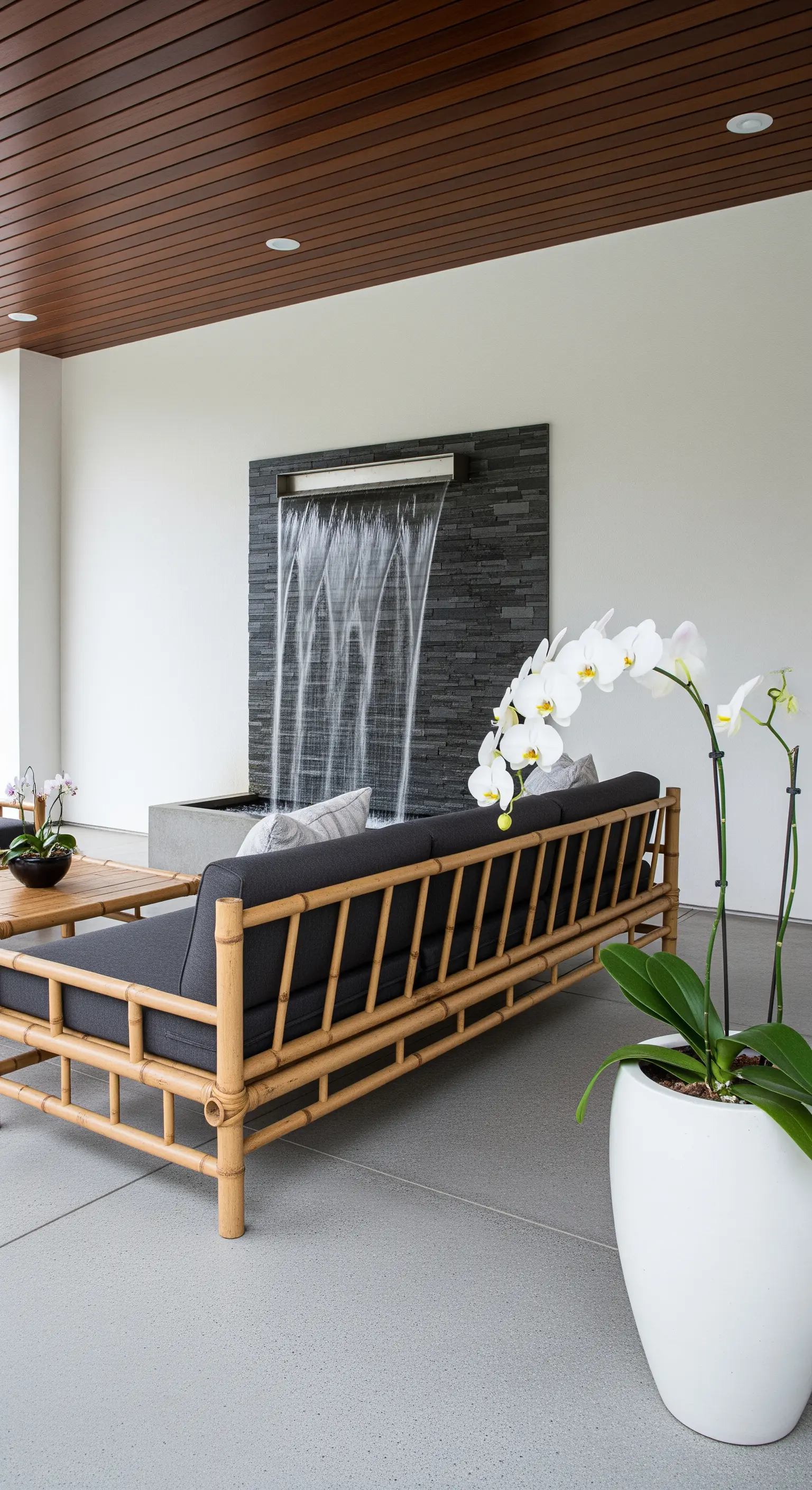 Portico moderno con cascata in ardesia, divano in bambù e orchidea bianca in vaso.