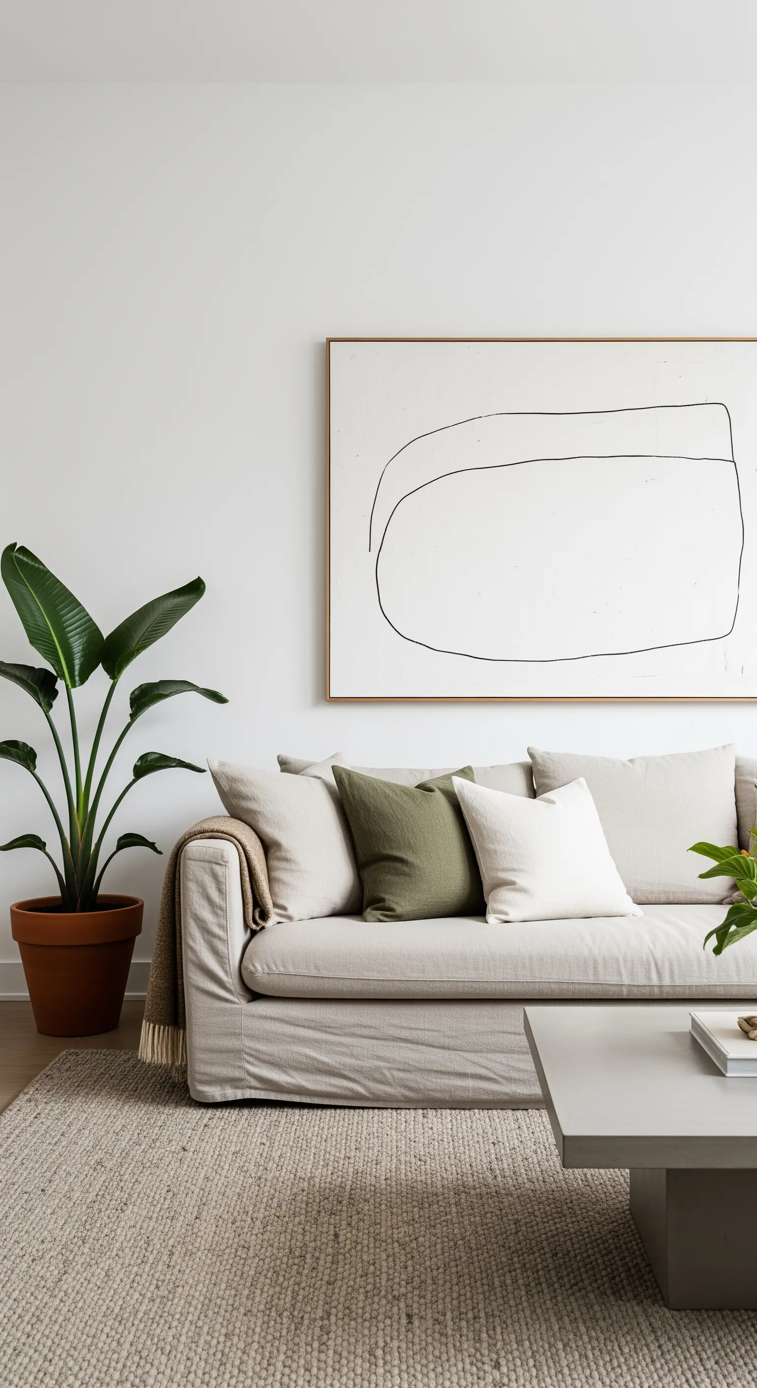 Divano beige con cuscini verdi e bianchi, di fianco a una pianta e sotto un quadro minimalista.