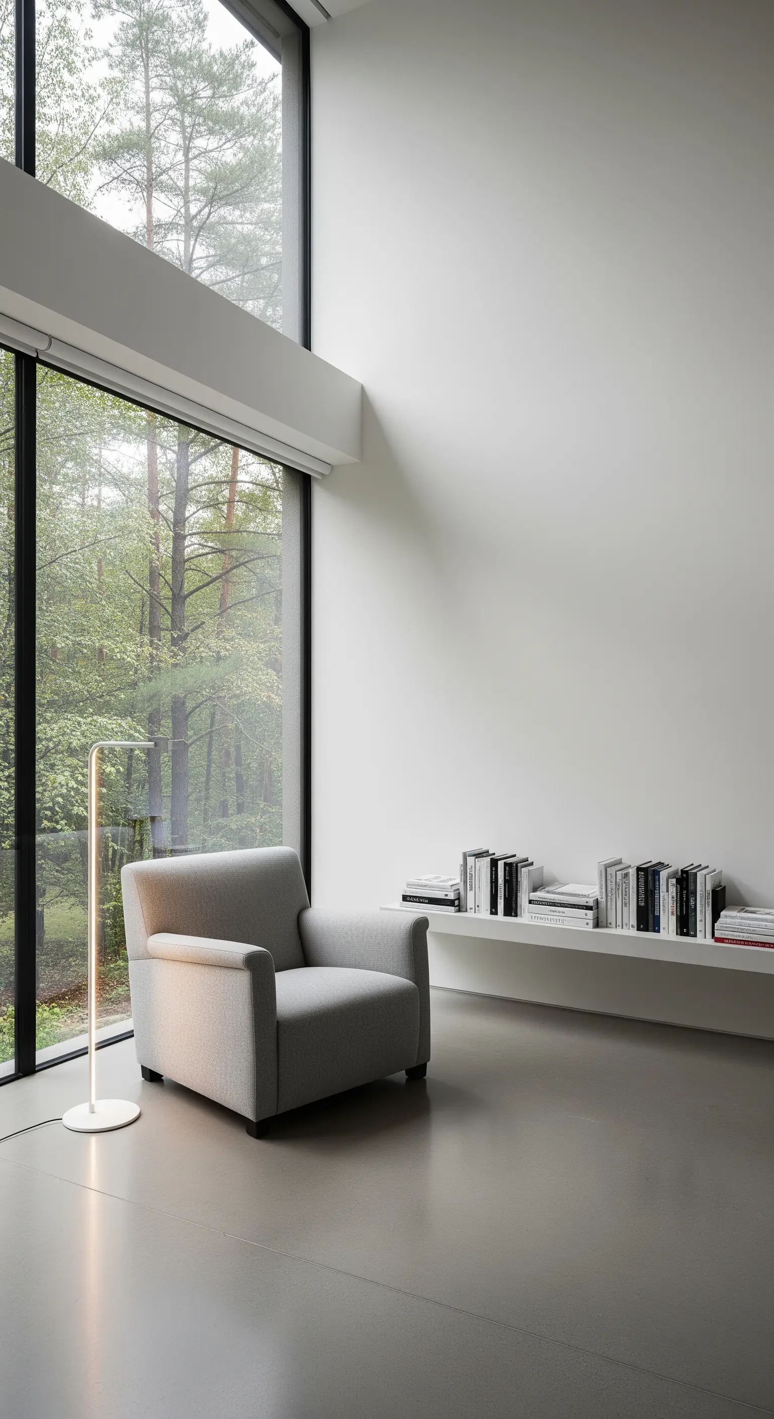 Poltrona grigia in uno spazio minimalista con pavimento in cemento e grande vetrata.