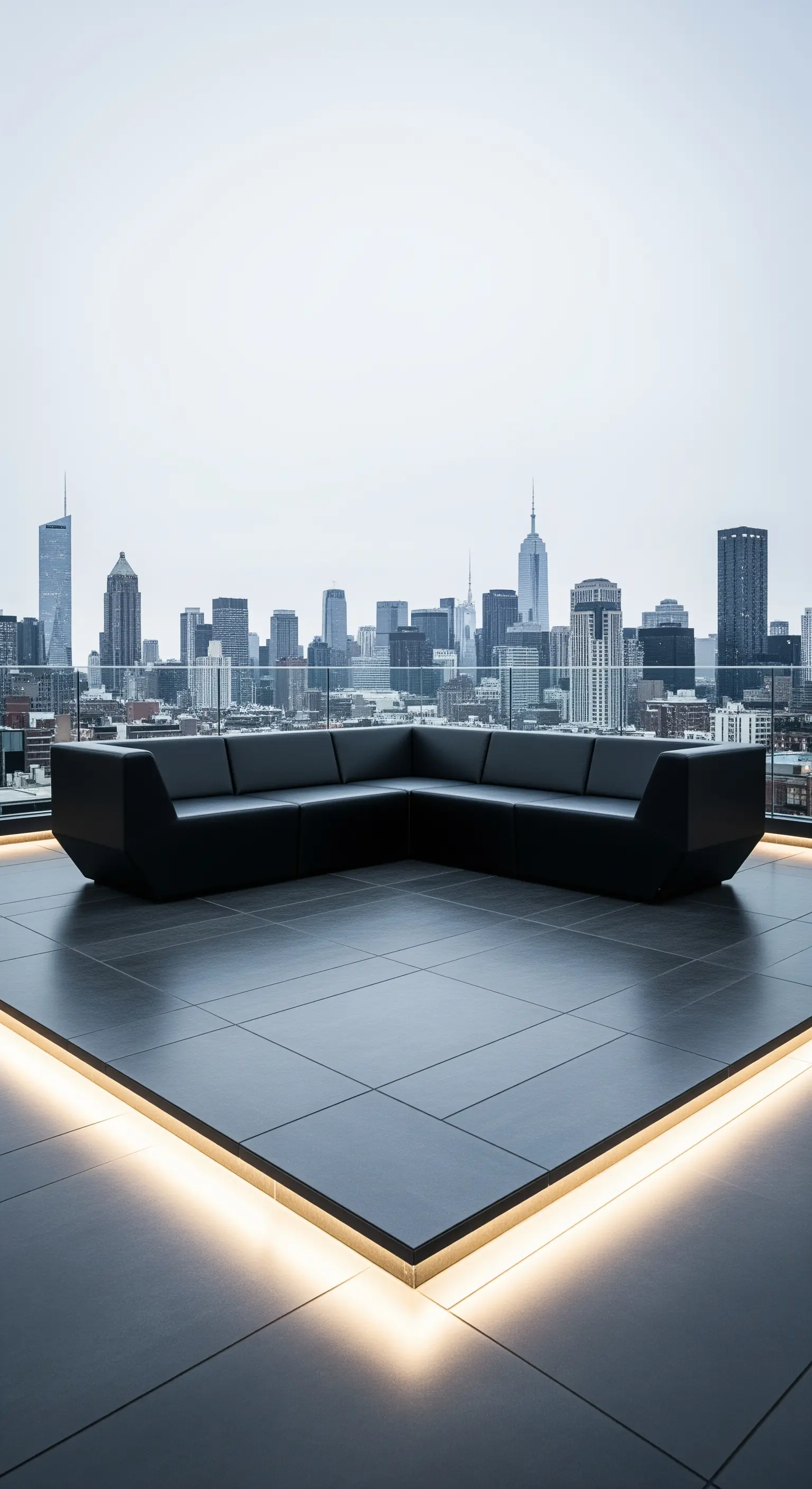 Terrazza minimalista con skyline urbano, divano nero su una pedana con bordo illuminato da LED.