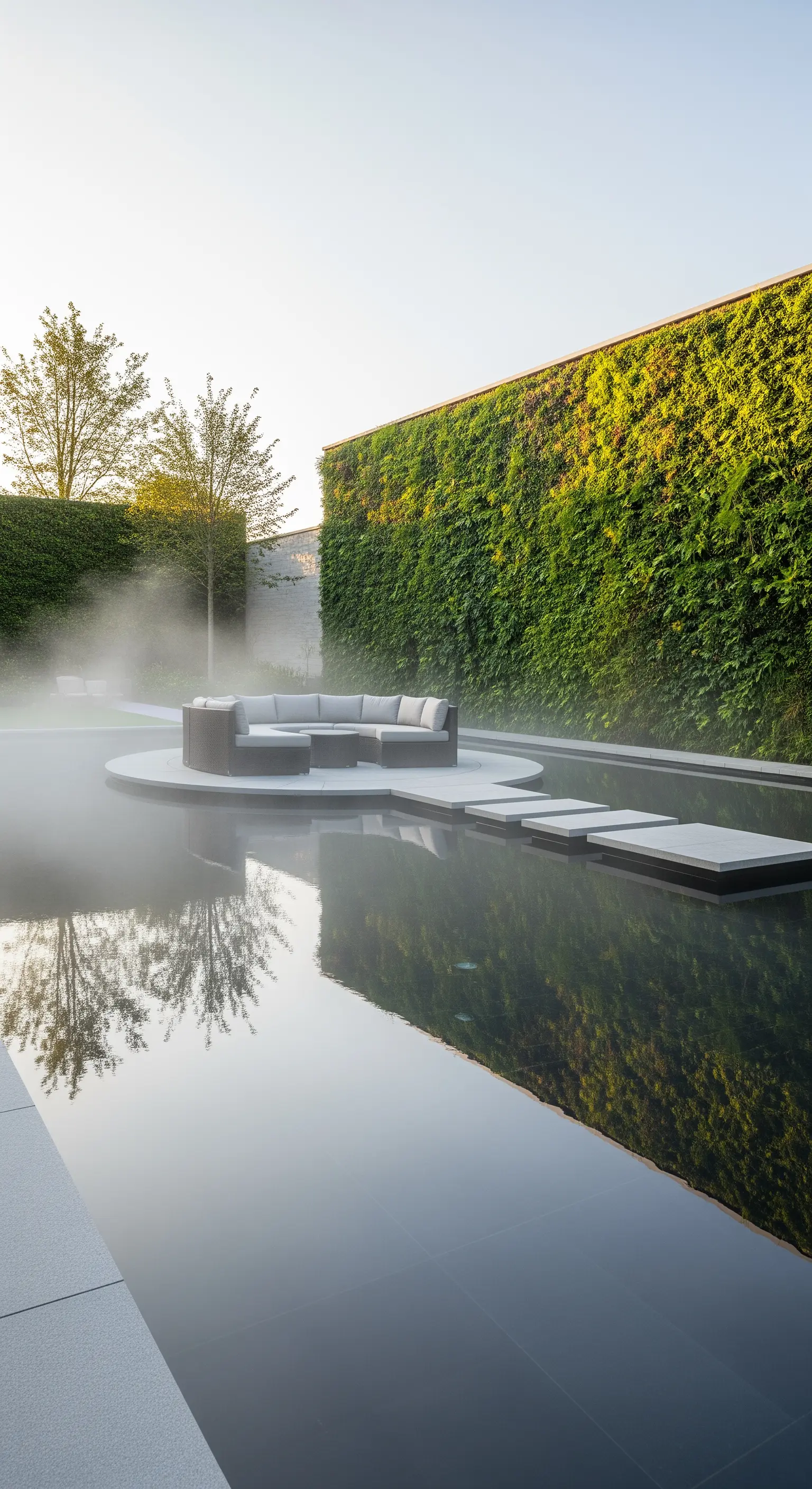 Salotto circolare al centro di una piscina scura avvolta nella nebbia, con parete verde.