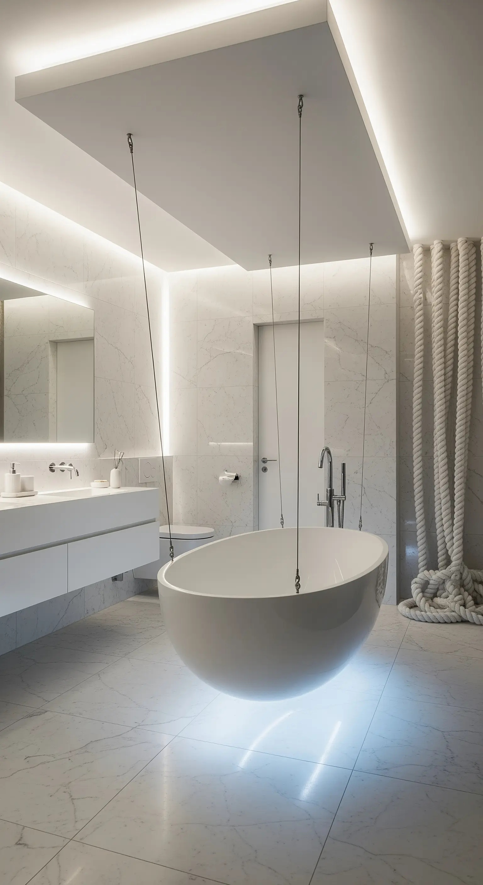 Vasca bianca moderna sospesa con cavi sottili in un bagno in marmo con illuminazione a LED.
