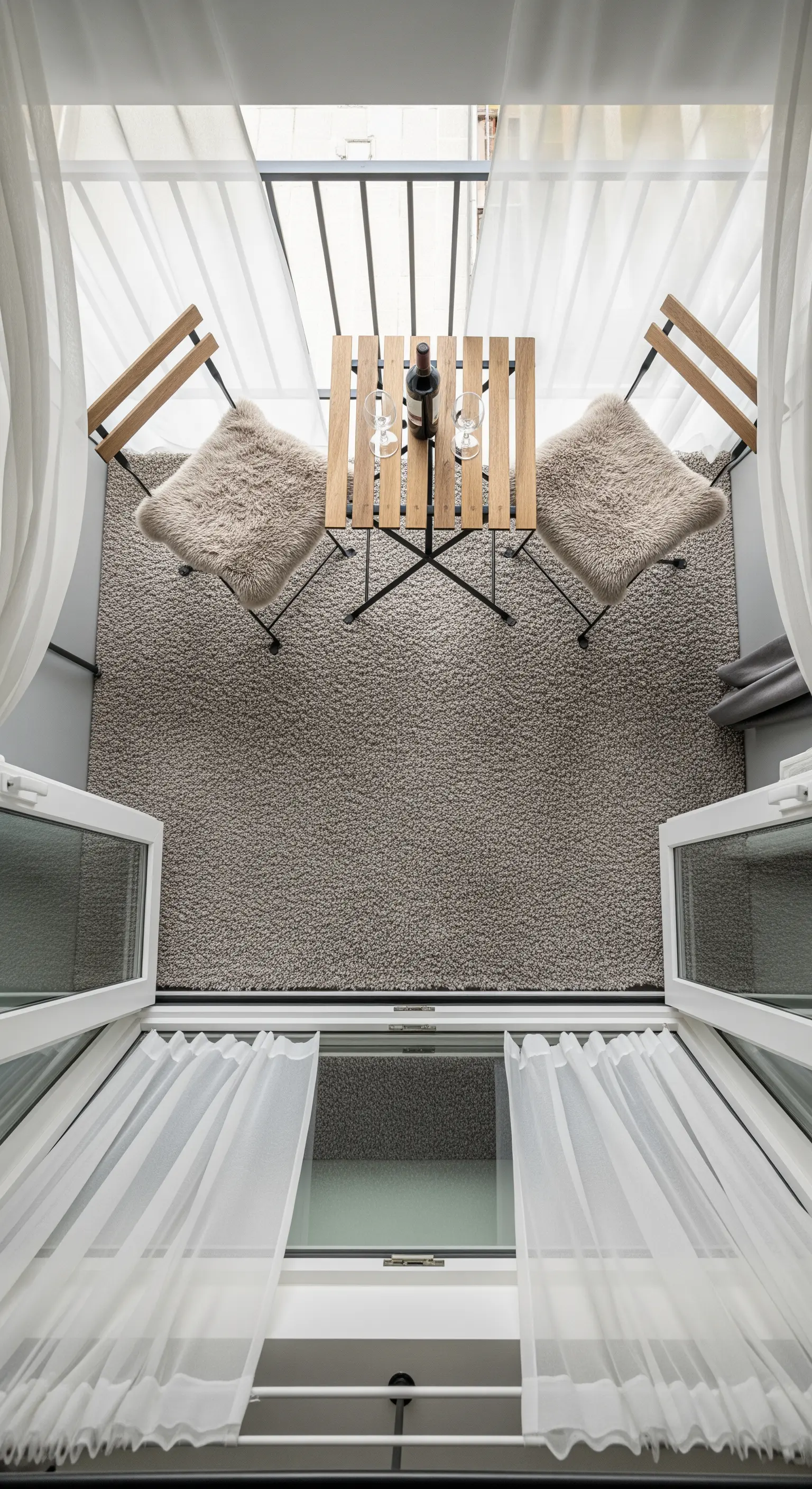 Vista dall'alto di un piccolo balcone con tavolo e sedie, coperto da un grande tappeto grigio.