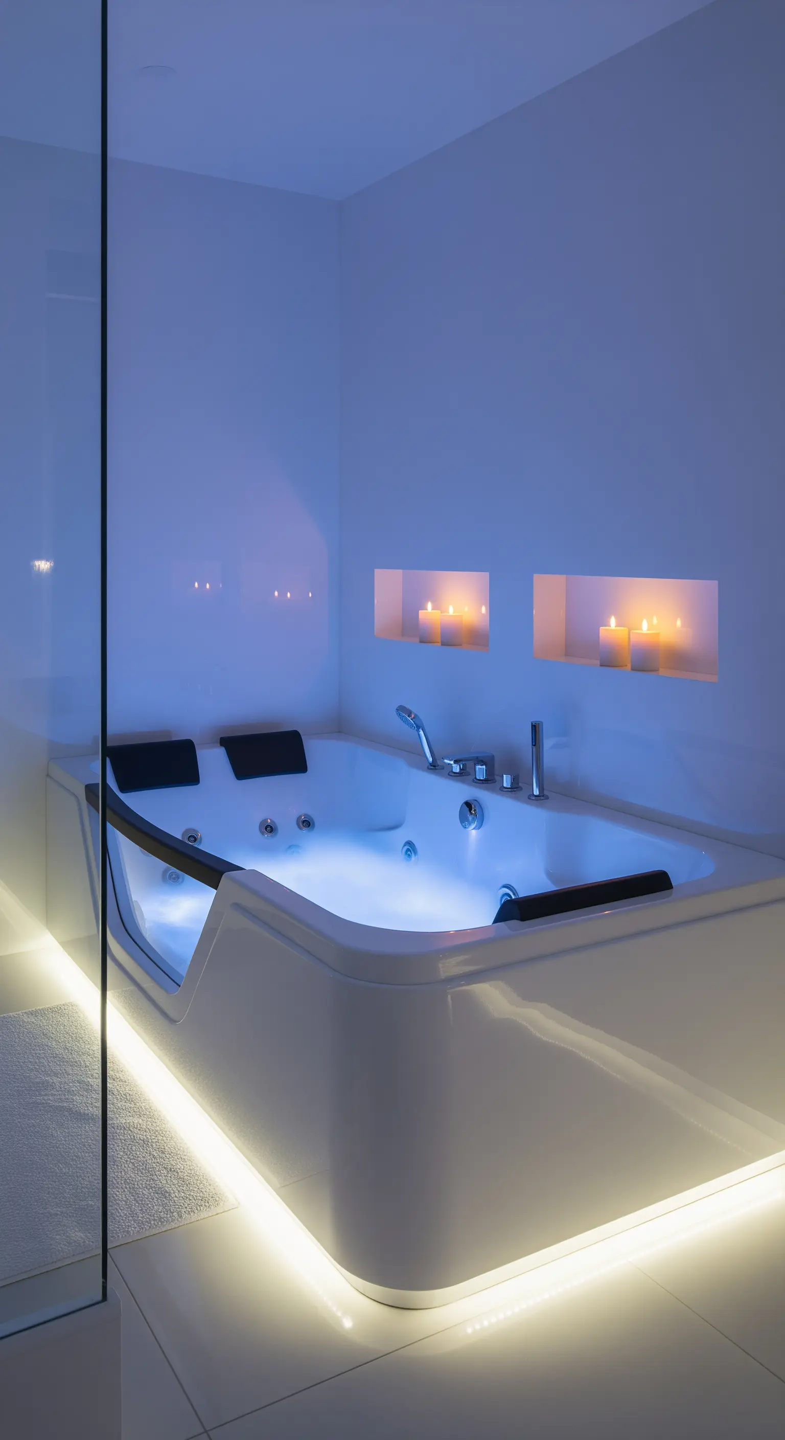 Vasca idromassaggio bianca con illuminazione LED integrata blu e nicchie illuminate.