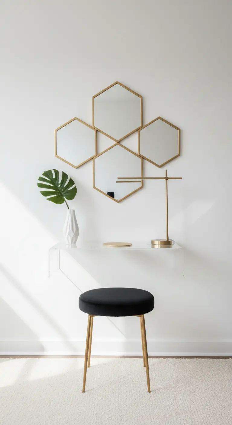 Composizione di specchi esagonali dorati sopra una mensola in acrilico trasparente.