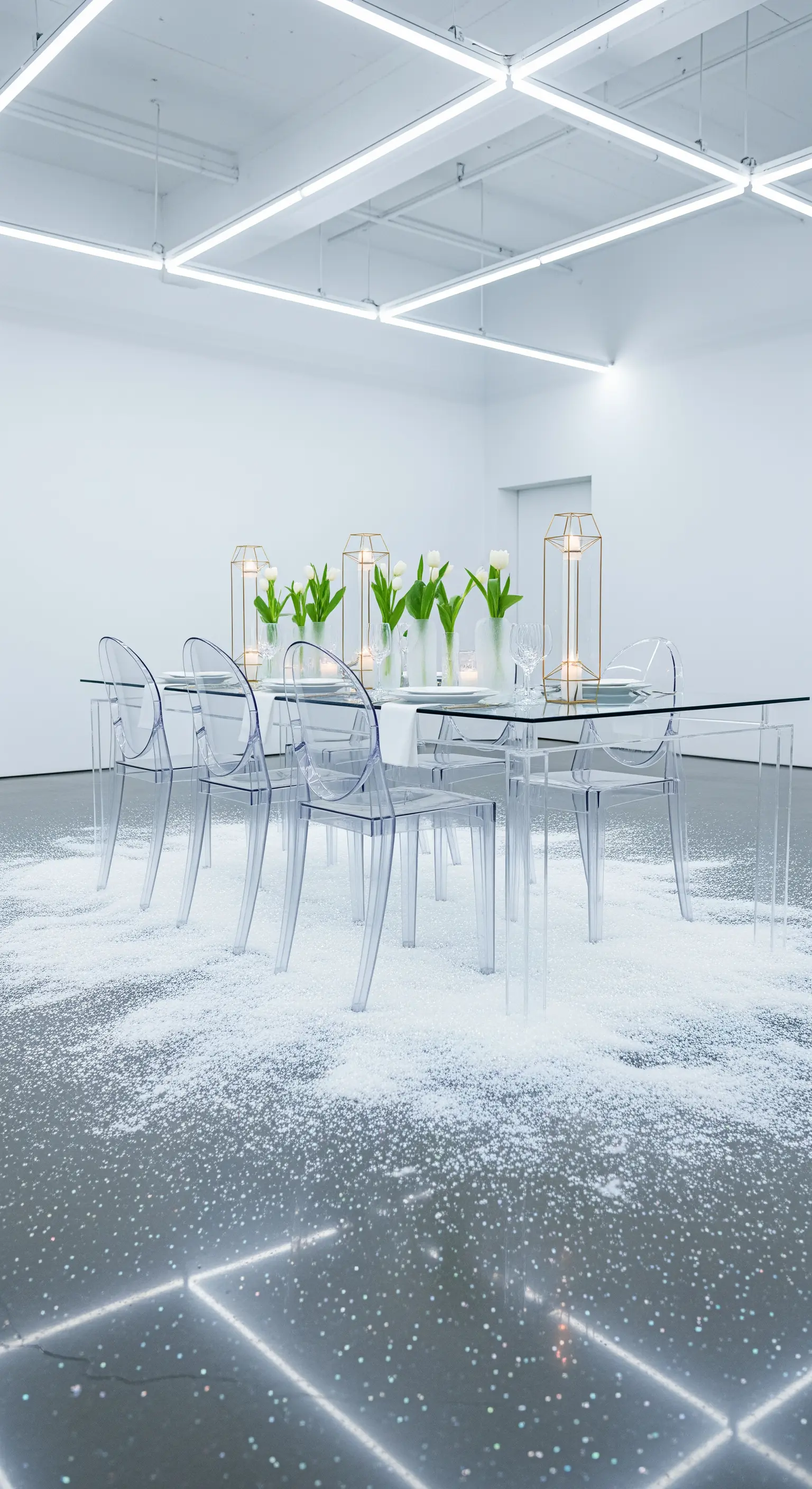 Tavola minimalista con sedie trasparenti in plexiglass e neve artificiale sul pavimento.