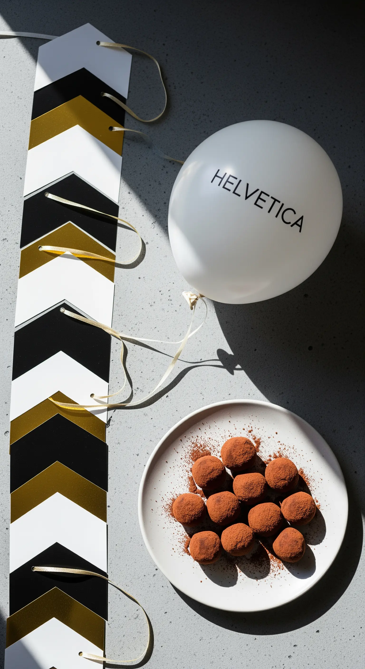 Allestimento minimalista con ghirlanda chevron, palloncino 'Helvetica' e tartufi al cacao.
