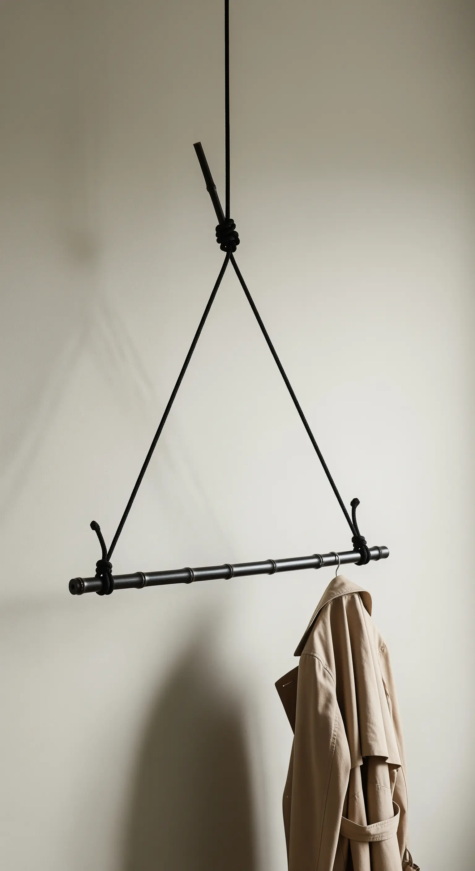 Canna di bambù verniciata di nero sospesa con corda nera a formare un triangolo.