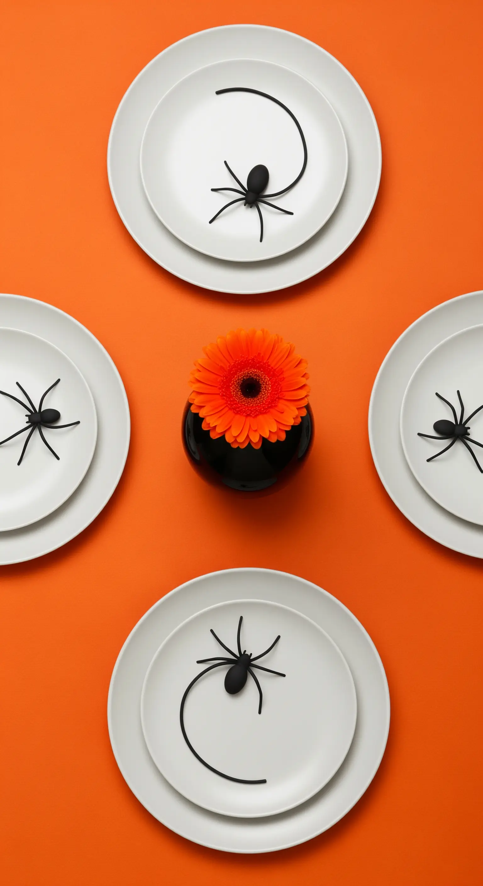 Tavola arancione minimalista con piatti bianchi decorati da un ragno nero stilizzato.