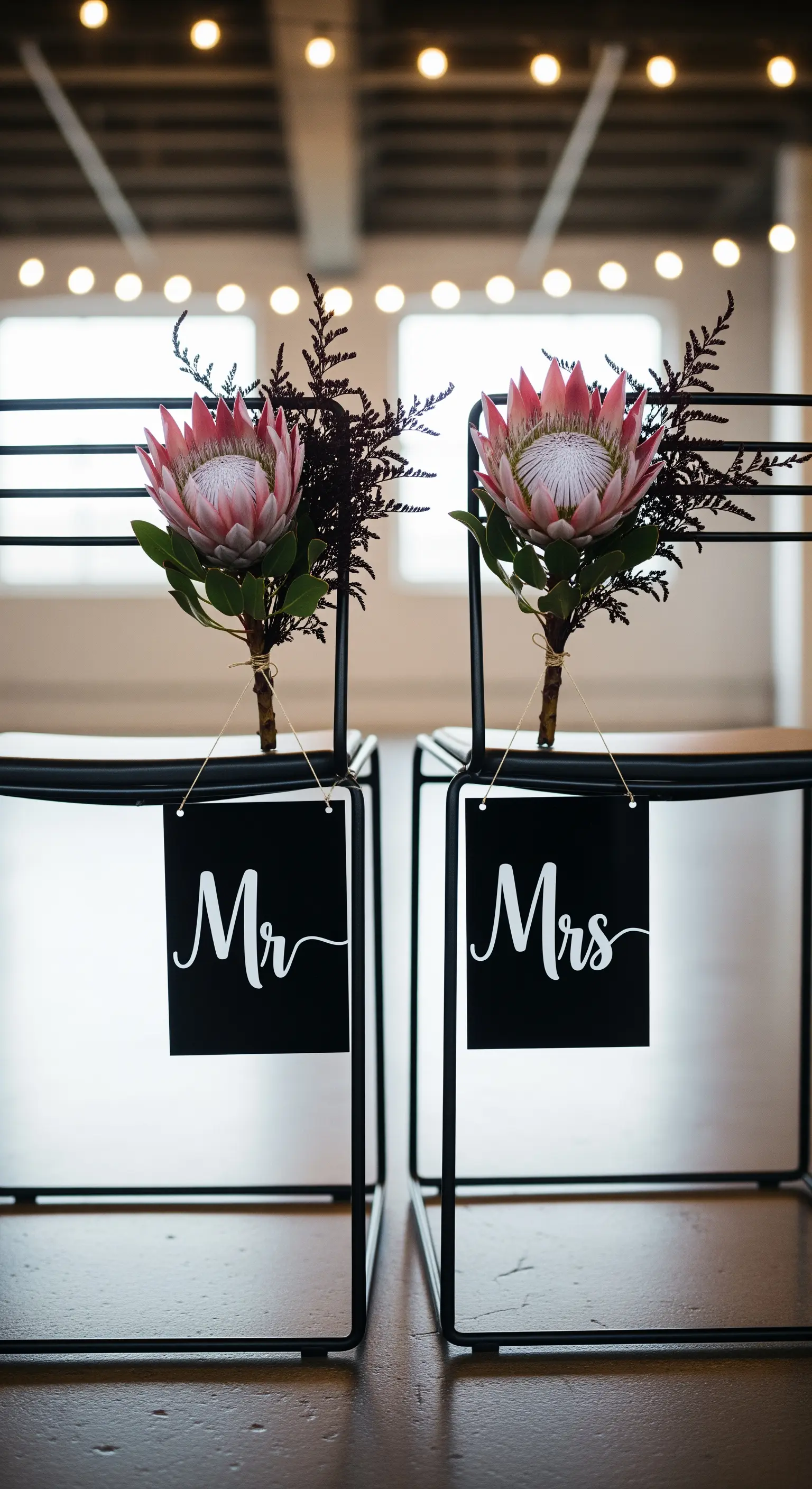 Sedie minimal in metallo nero decorate con fiori di protea e insegne 'Mr & Mrs'.