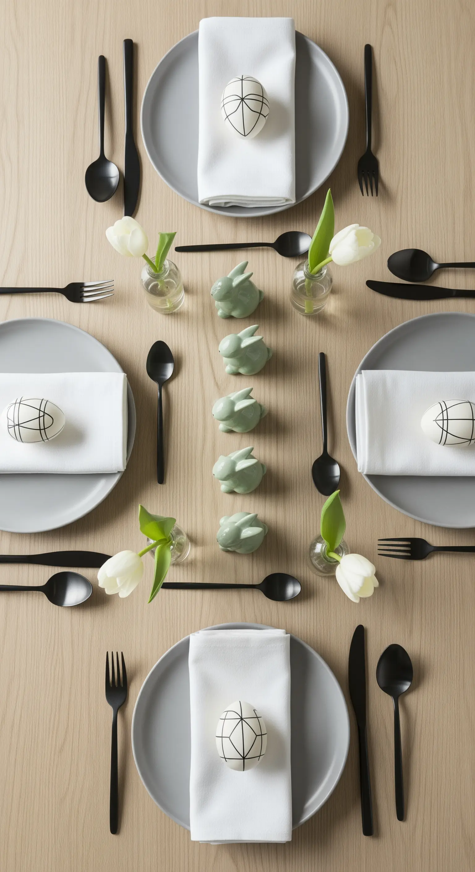 Tavola pasquale minimalista con piatti grigi, posate nere e coniglietti verde salvia
