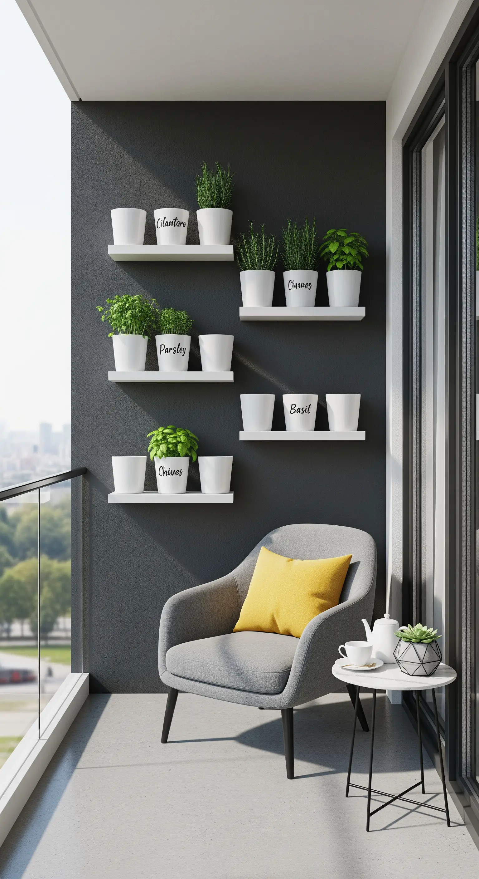 Mensole bianche sospese su una parete grigia con vasi bianchi di erbe aromatiche.