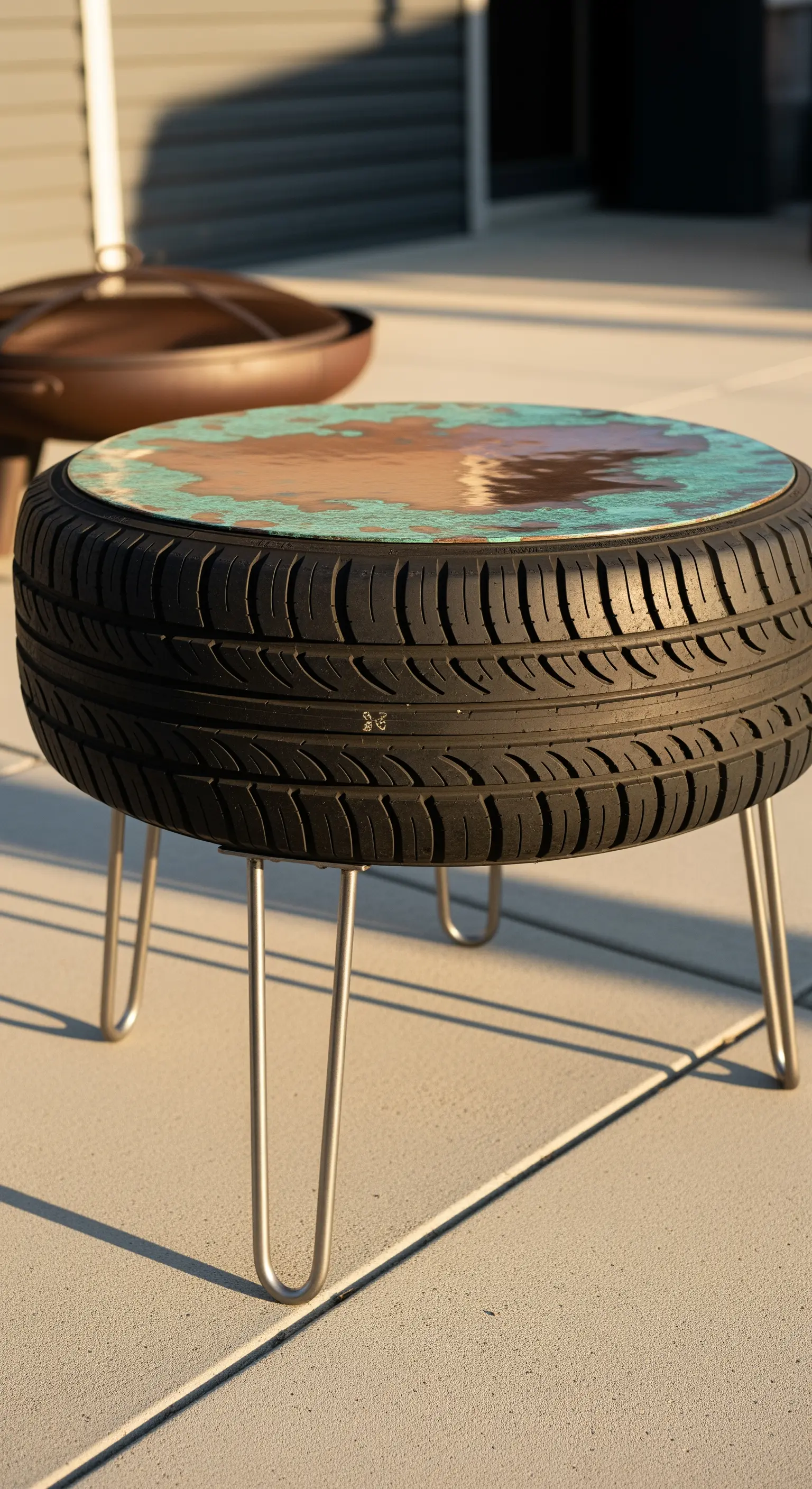 Tavolino basso con pneumatico nero, gambe a forcina in acciaio e piano in metallo patinato.