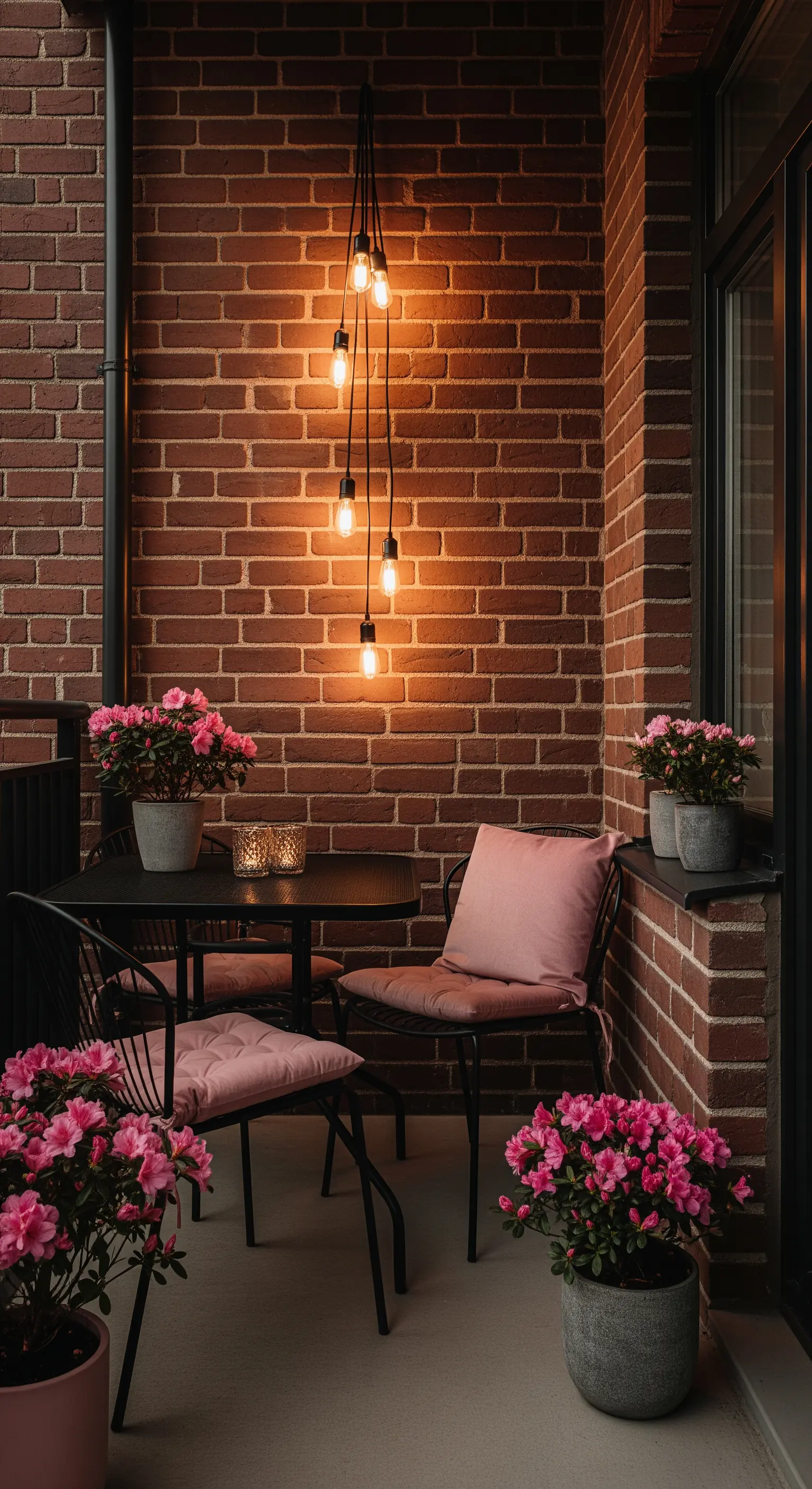 Balcone con parete di mattoni, tavolo nero, cuscini rosa e una lampada con bulbi a vista