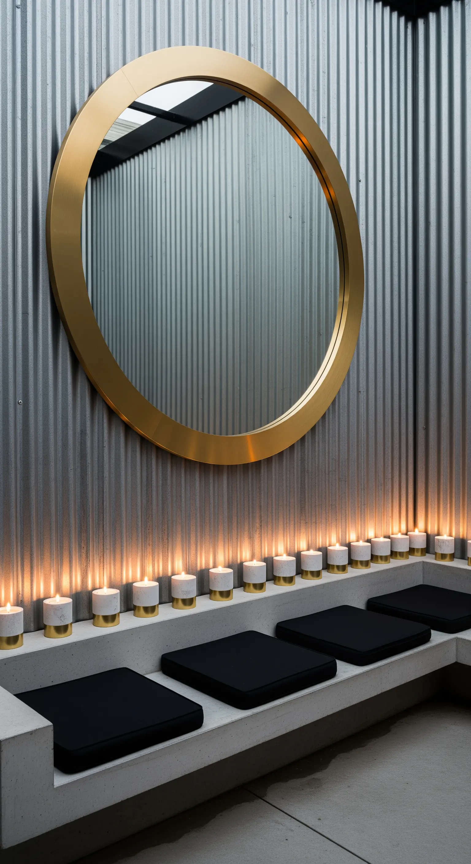 Spazio minimalista con parete in lamiera, panca in cemento, specchio tondo dorato e candele.