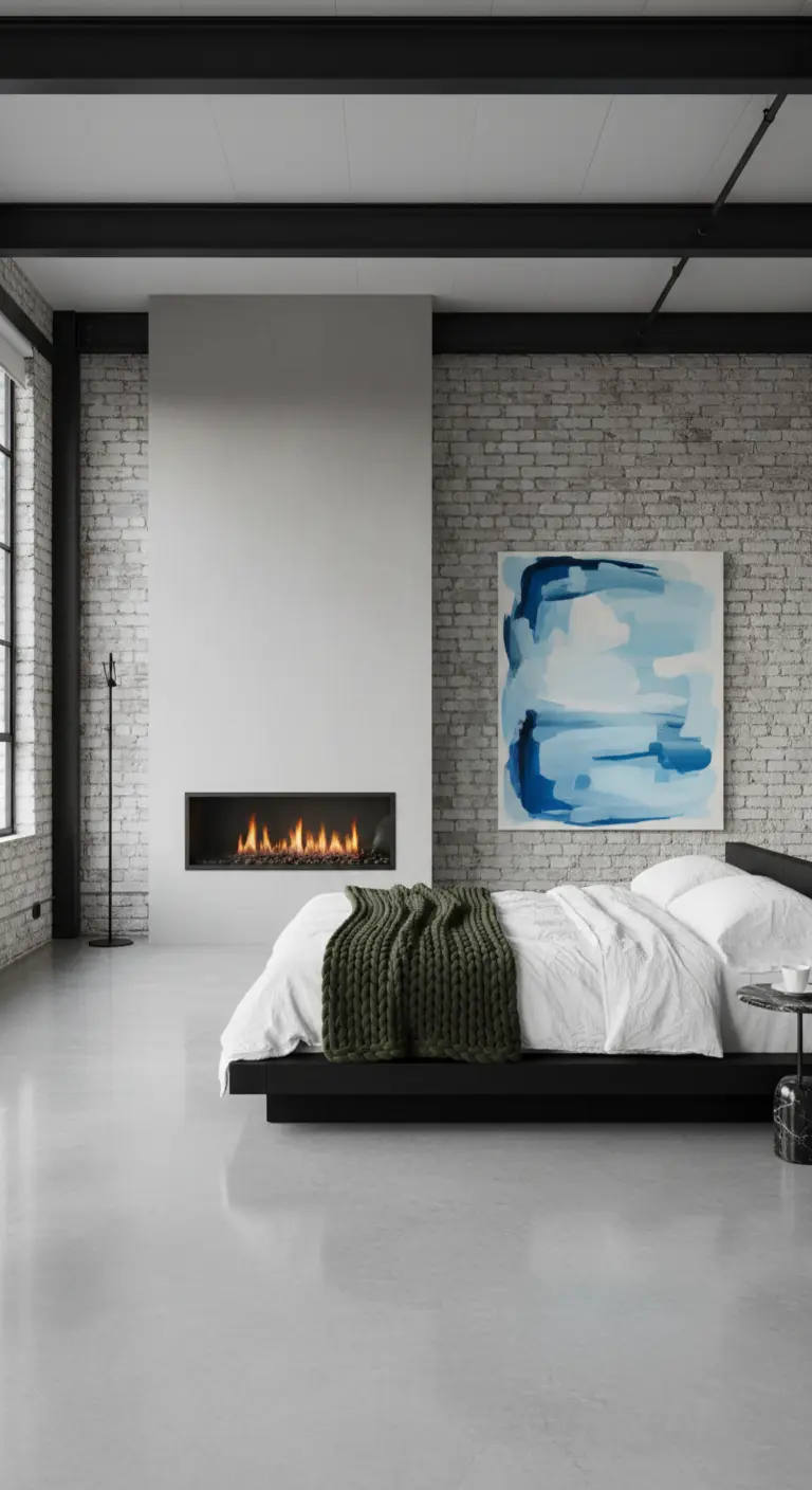 Camera da letto minimalista con parete in mattoni bianchi, camino lineare e coperta verde.